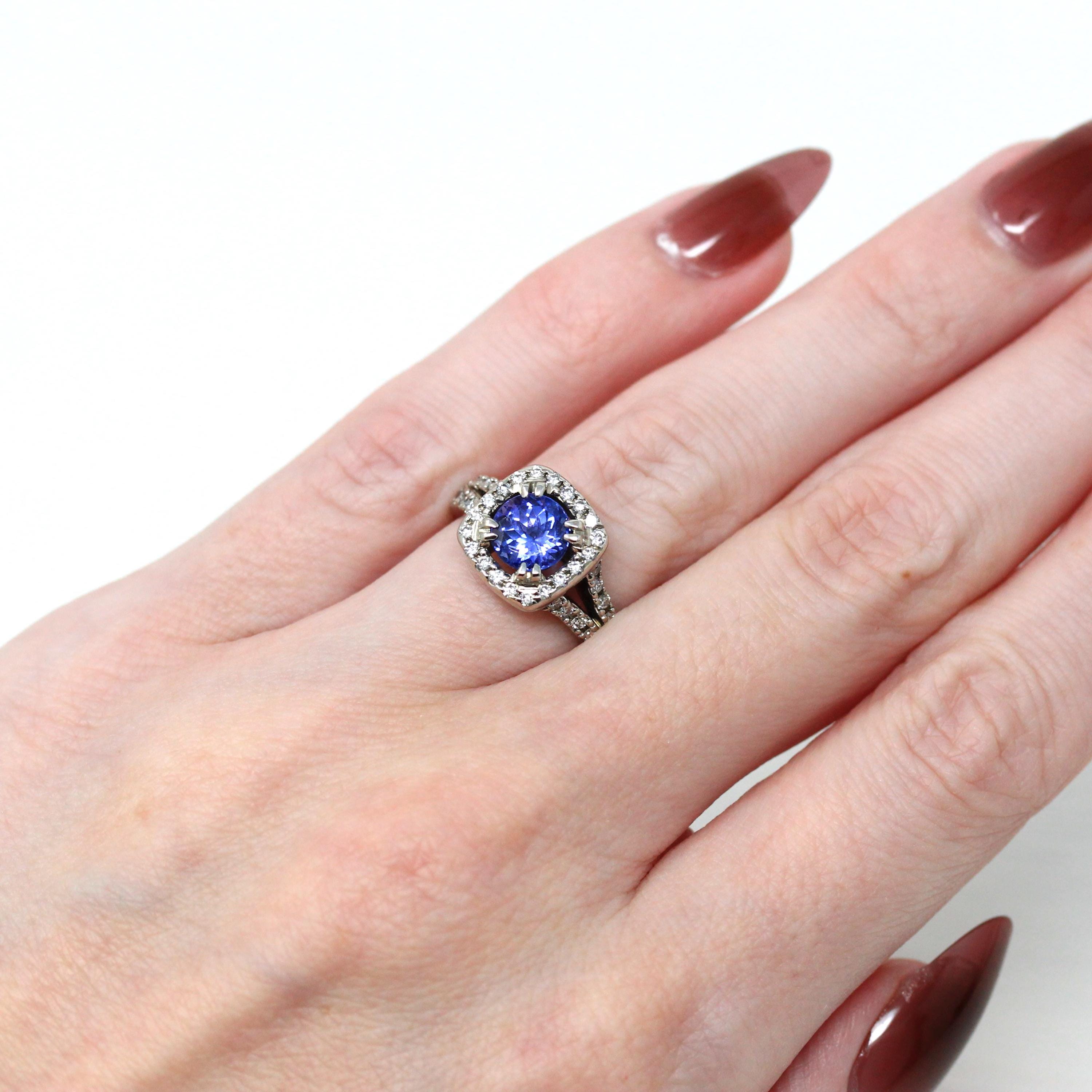 Tanzanite & Diamond Ring - Modern 18k White Gold Round Faceted 1.00 CT Gemstone - Estate 2000s Size 5 1/4 Fine Engagement Halo Jewelry