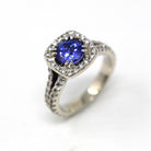 Tanzanite & Diamond Ring - Modern 18k White Gold Round Faceted 1.00 CT Gemstone - Estate 2000s Size 5 1/4 Fine Engagement Halo Jewelry