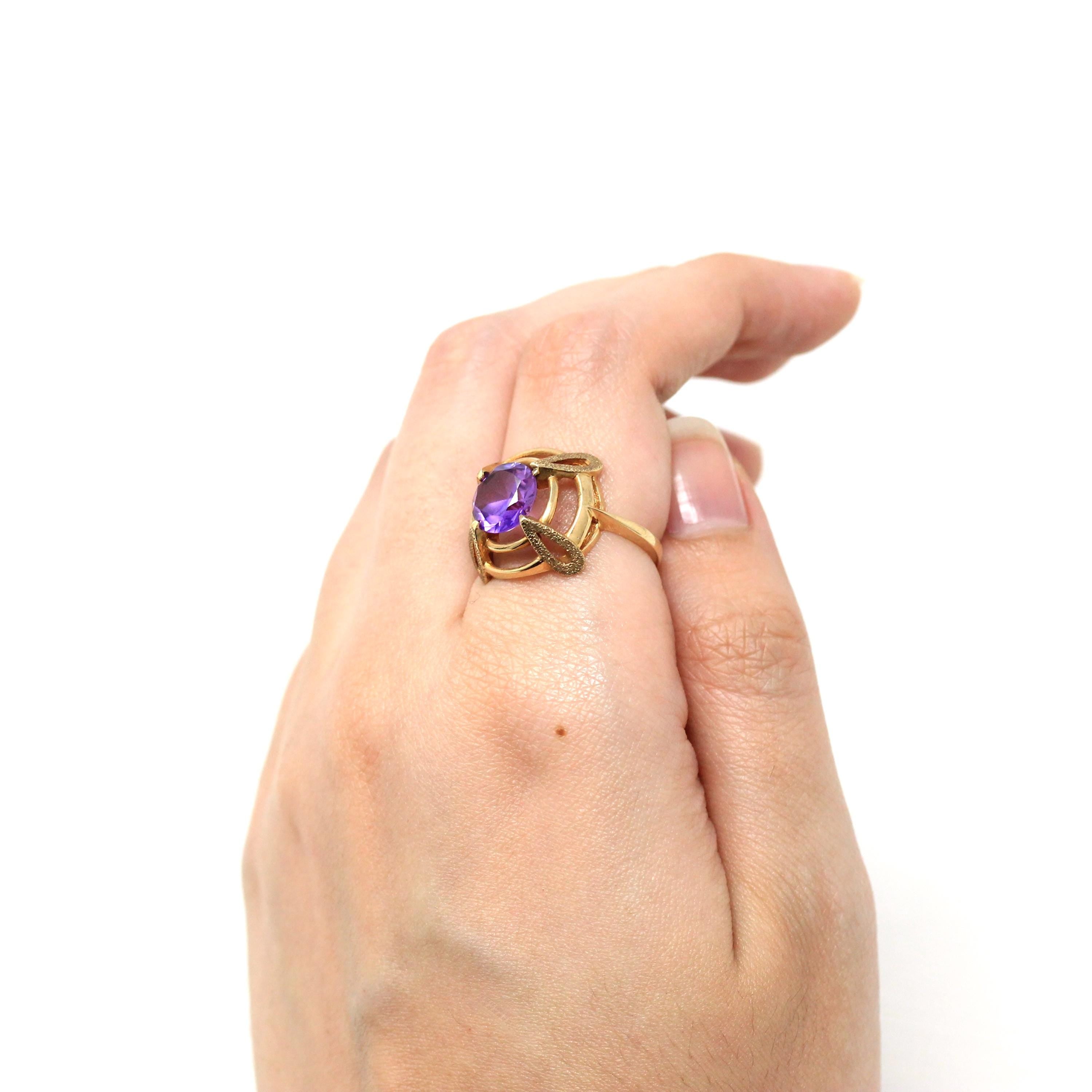 Created Sapphire Ring - Retro 10k Yellow Gold Purple Birthstone - Circa 1960s Era Size 6 1/4 Vintage New Old Stock 60s Target Fine Jewelry