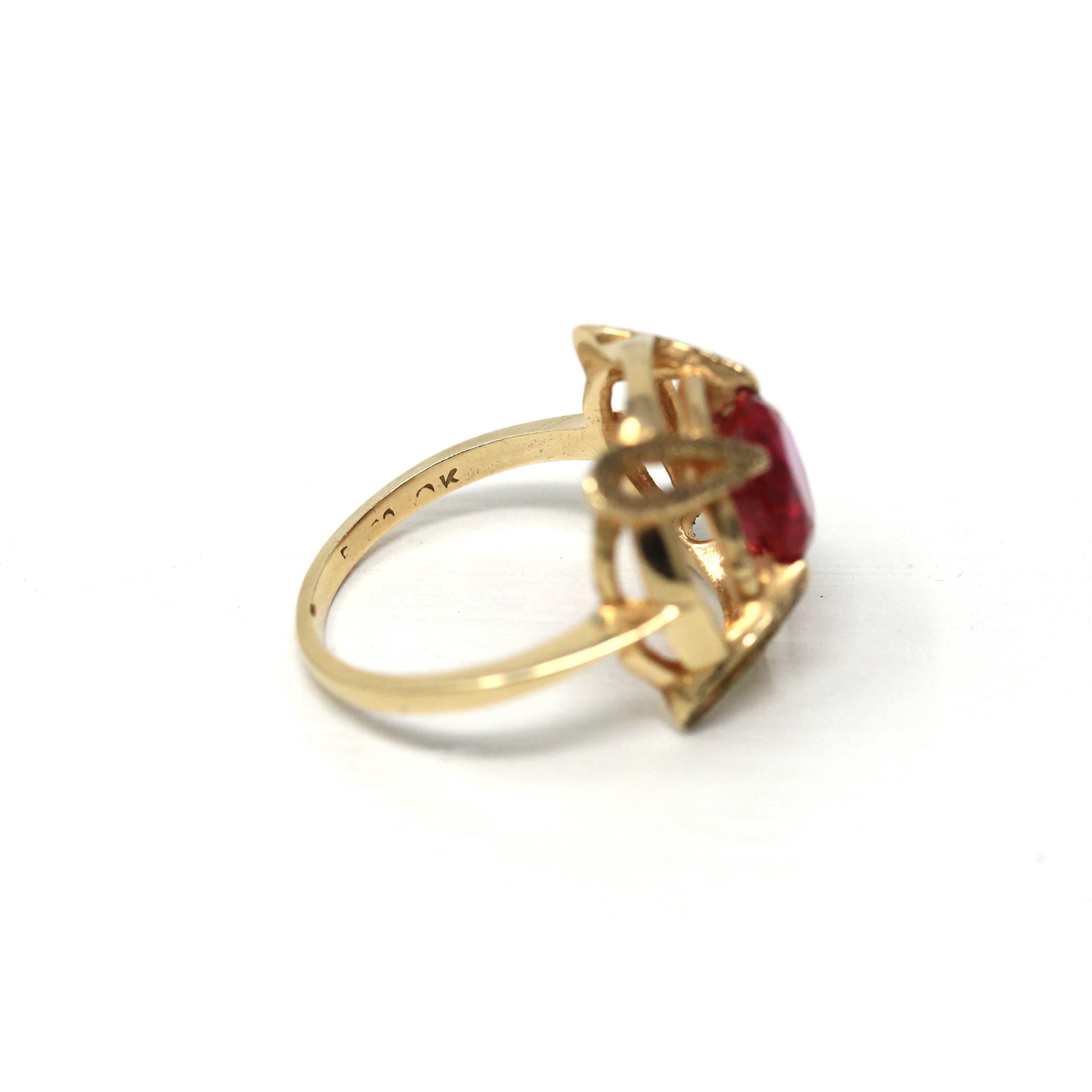 Created Ruby Ring - Vintage Retro 10k Yellow Gold Red July Birthstone - Circa 1960s Era Size 6 1/2 New Old Stock 60s Target Fine Jewelry