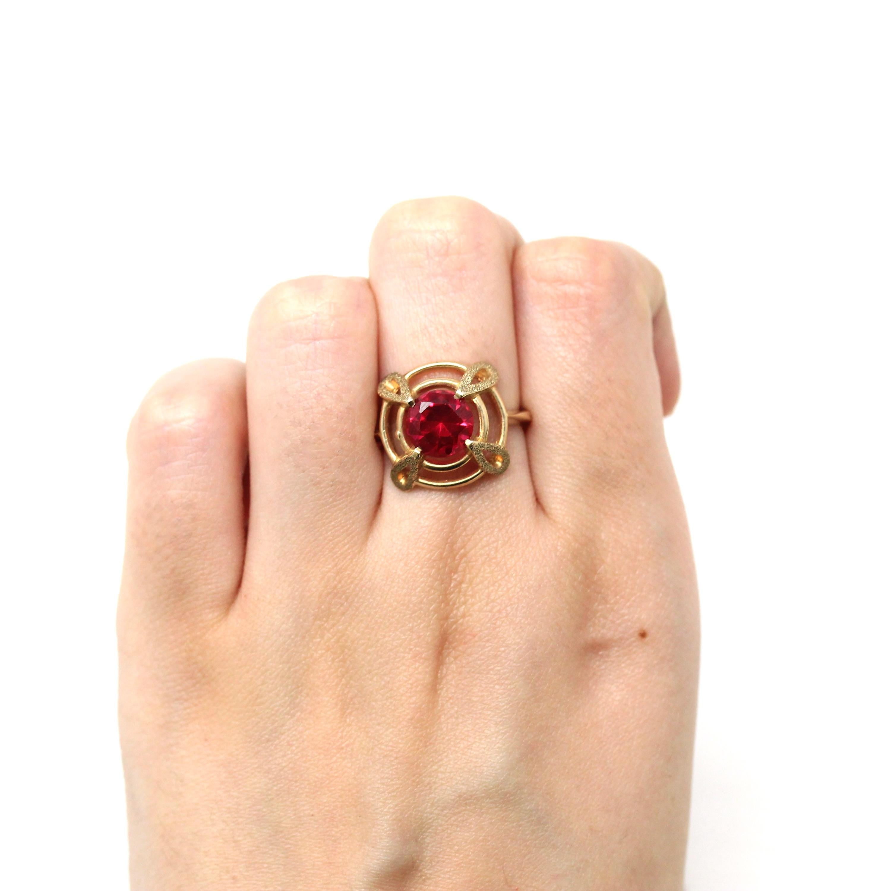 Created Ruby Ring - Vintage Retro 10k Yellow Gold Red July Birthstone - Circa 1960s Era Size 6 1/2 New Old Stock 60s Target Fine Jewelry