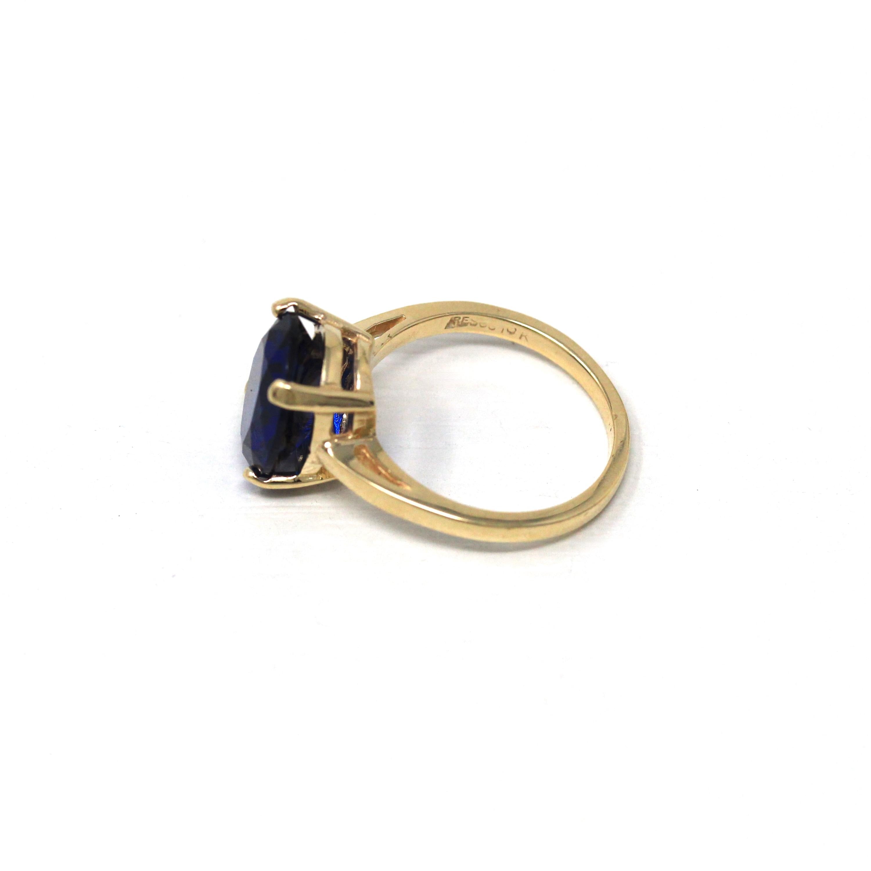 Created Spinel Ring - Retro 10k Yellow Gold Oval Faceted 4.86 CT Blue Stone - Vintage Circa 1960s Era Size 6 New Old Stock Fine 60s Jewelry