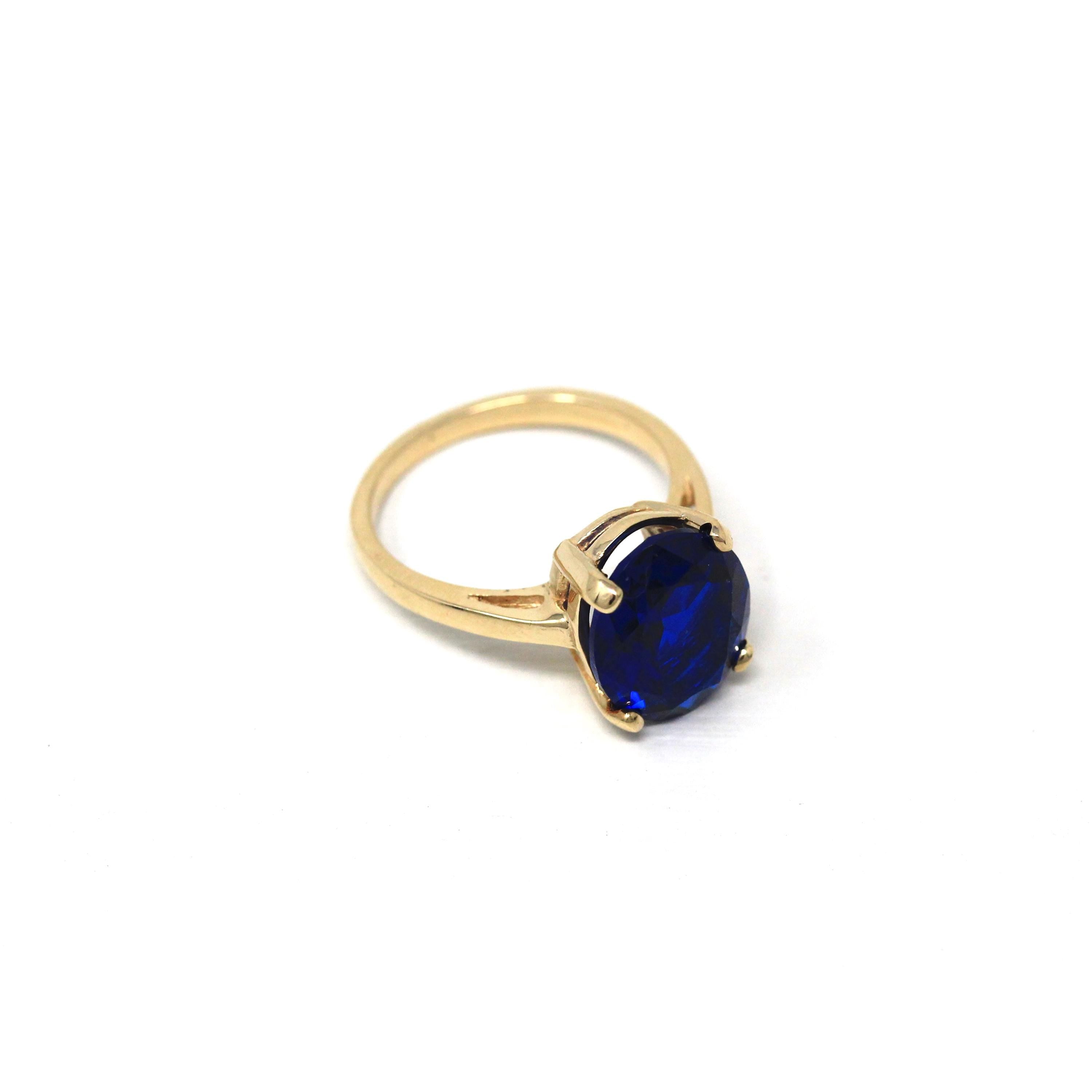 Created Spinel Ring - Retro 10k Yellow Gold Oval Faceted 4.86 CT Blue Stone - Vintage Circa 1960s Era Size 6 New Old Stock Fine 60s Jewelry