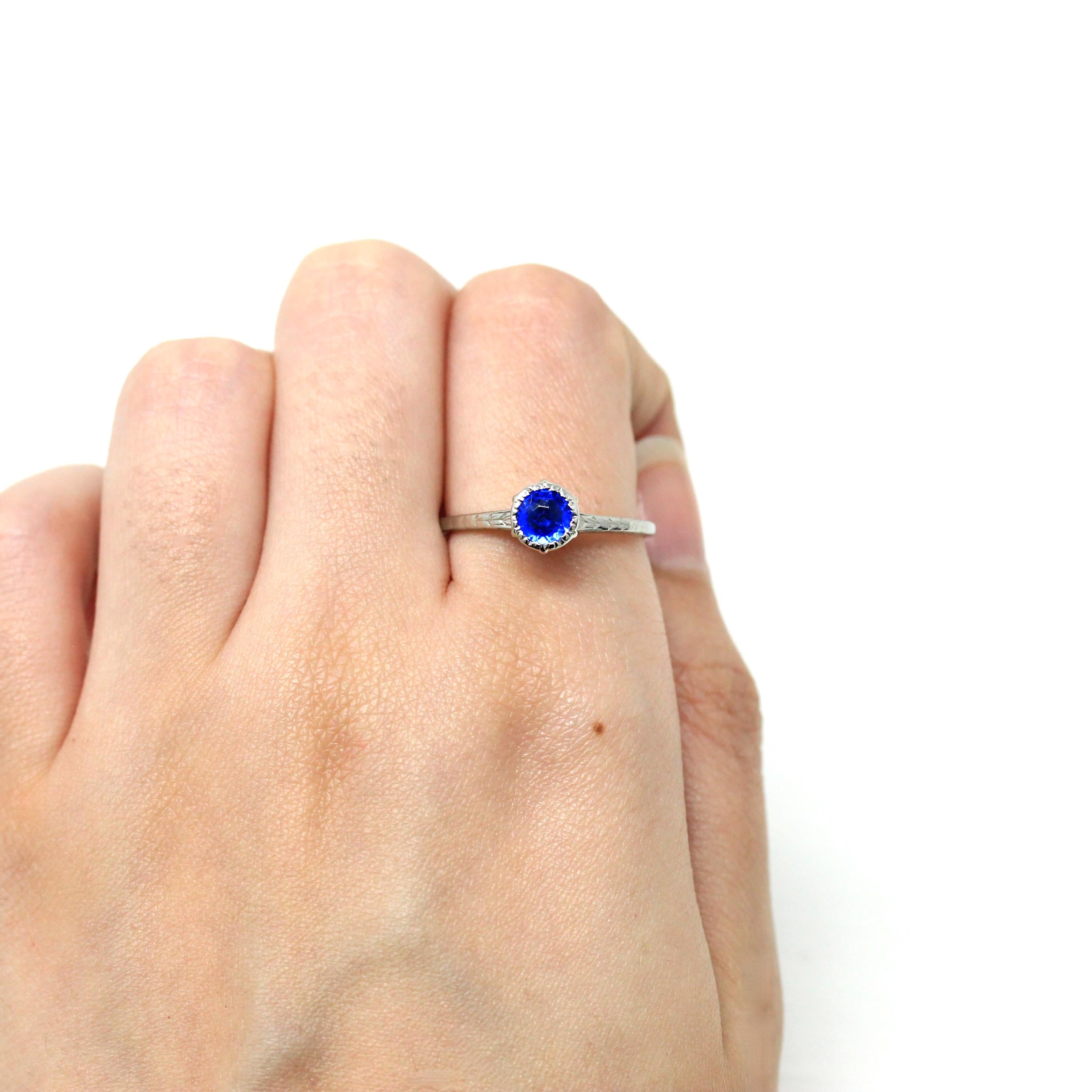 Simulated Sapphire Ring - Art Deco 18k White Gold Round Faceted 5 mm Blue Stone - Vintage 1930s Era Size 8.5 Solitaire Fine 30s Jewelry