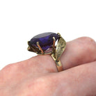 Color Change Ring - Retro 14k Yellow Gold Round 16.32 CT Created Purple Sapphire Statement - 1960s Size 6 Large Solitaire 60s Fine Jewelry