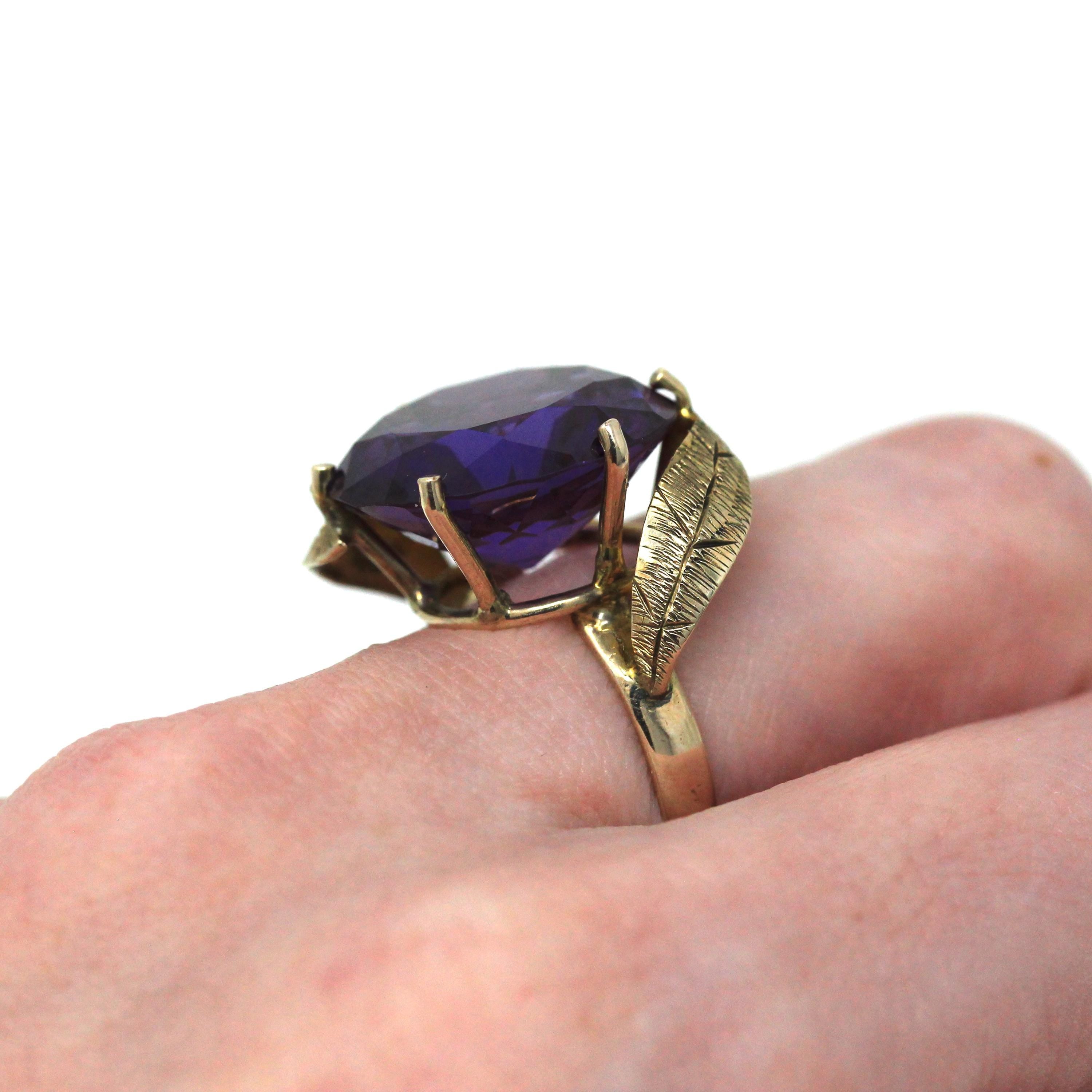 Color Change Ring - Retro 14k Yellow Gold Round 16.32 CT Created Purple Sapphire Statement - 1960s Size 6 Large Solitaire 60s Fine Jewelry