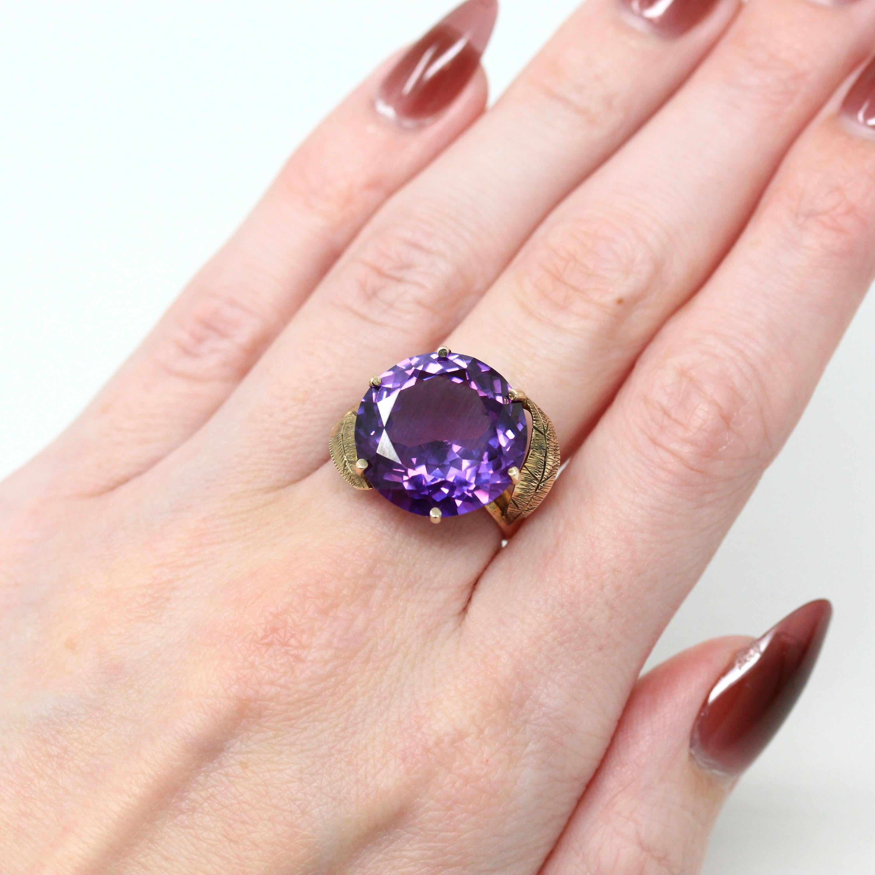 Color Change Ring - Retro 14k Yellow Gold Round 16.32 CT Created Purple Sapphire Statement - 1960s Size 6 Large Solitaire 60s Fine Jewelry