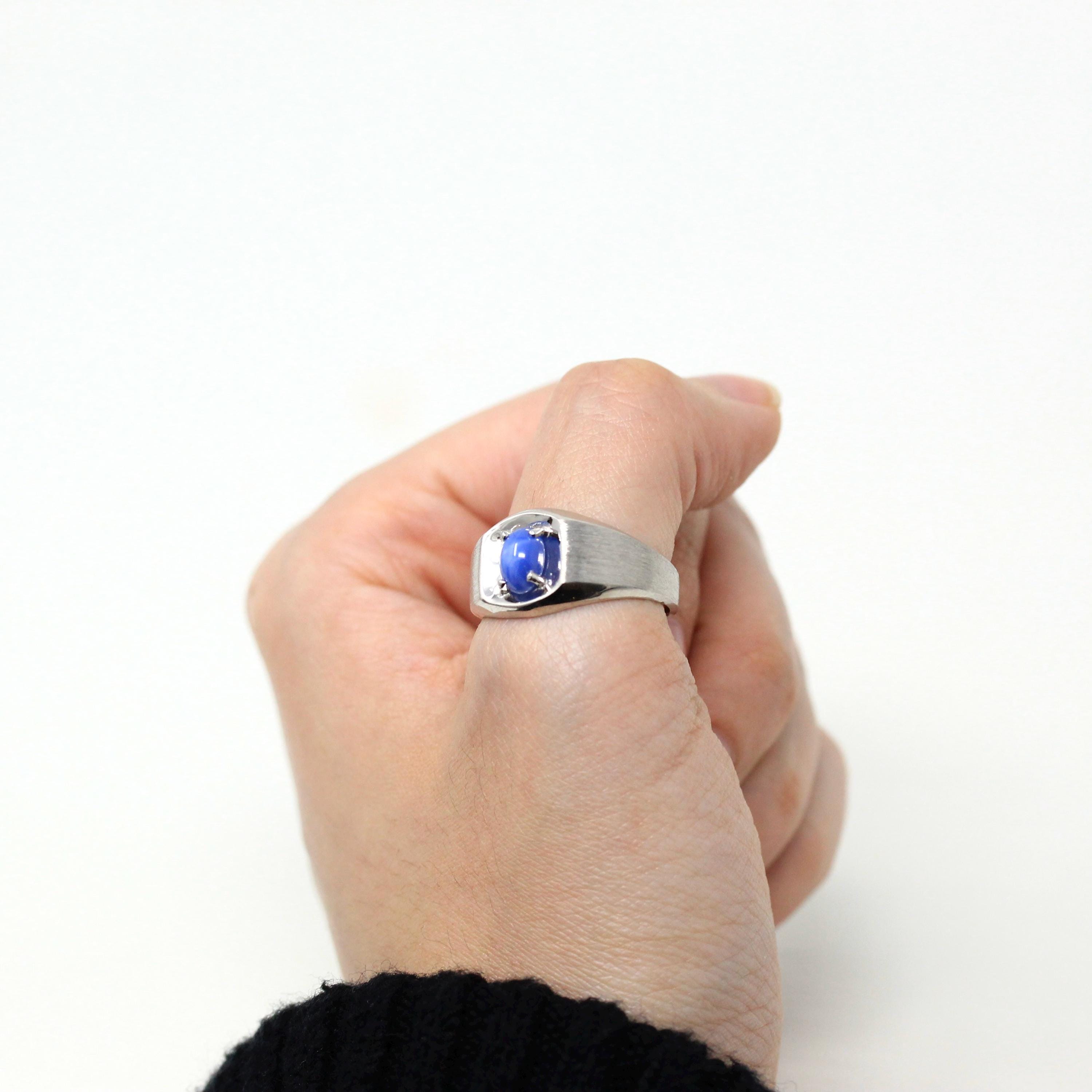 Created Star Sapphire Ring - Retro 10k White Gold Blue Stone - Vintage Circa 1960s Size 8 1/2 September Birthstone New Old Stock Jewelry