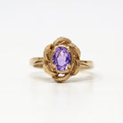 Retro Created Sapphire Ring - Vintage 10k Yellow Gold Purple Oval Gemstone - Circa 1970s Size 6 New Old Stock Twisted Flower Fine Jewelry