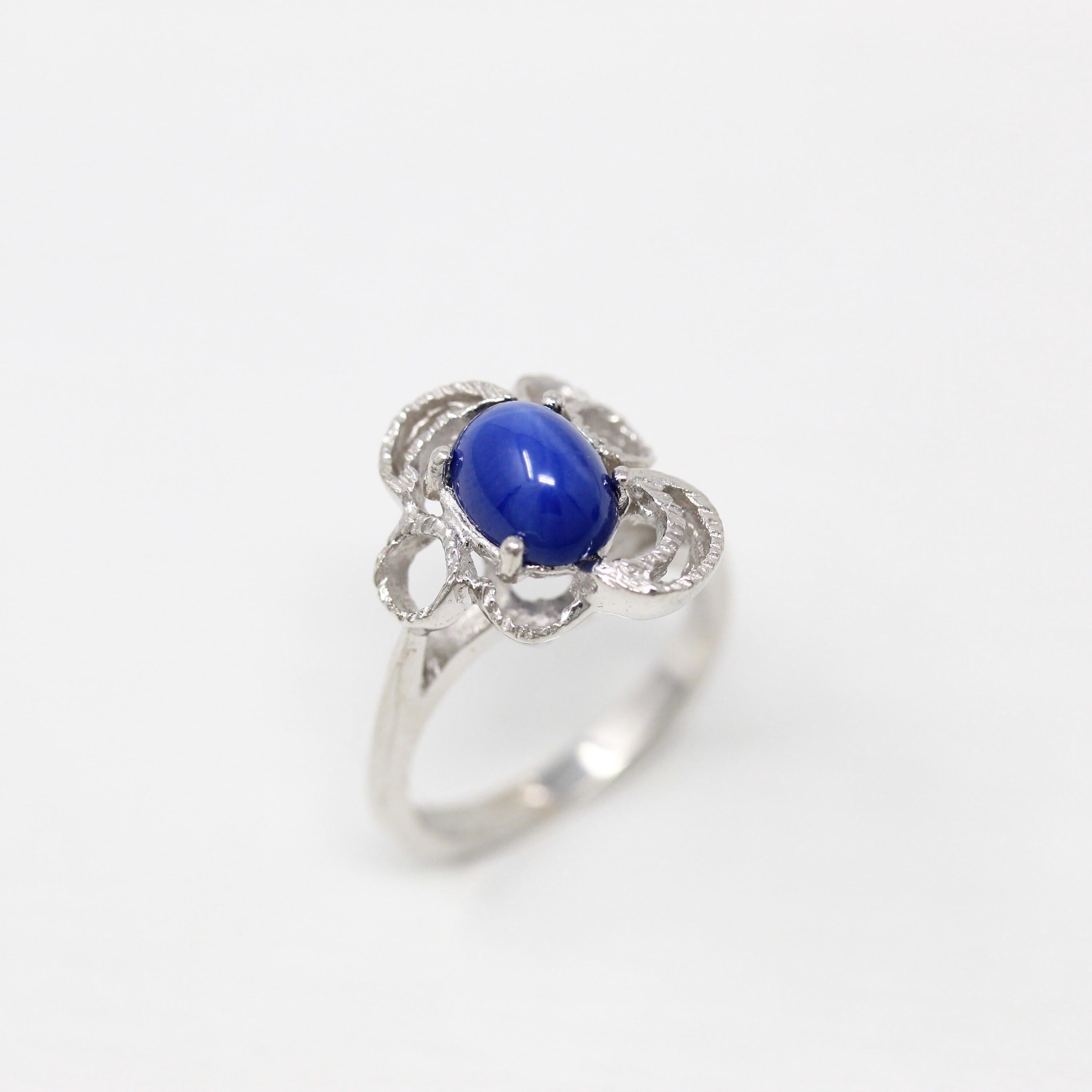 Created Star Sapphire Ring - Retro 14k White Gold Blue 2.01 CT Stone - Vintage Circa 1960s Size 4 3/4 September Birthstone Fine 60s Jewelry