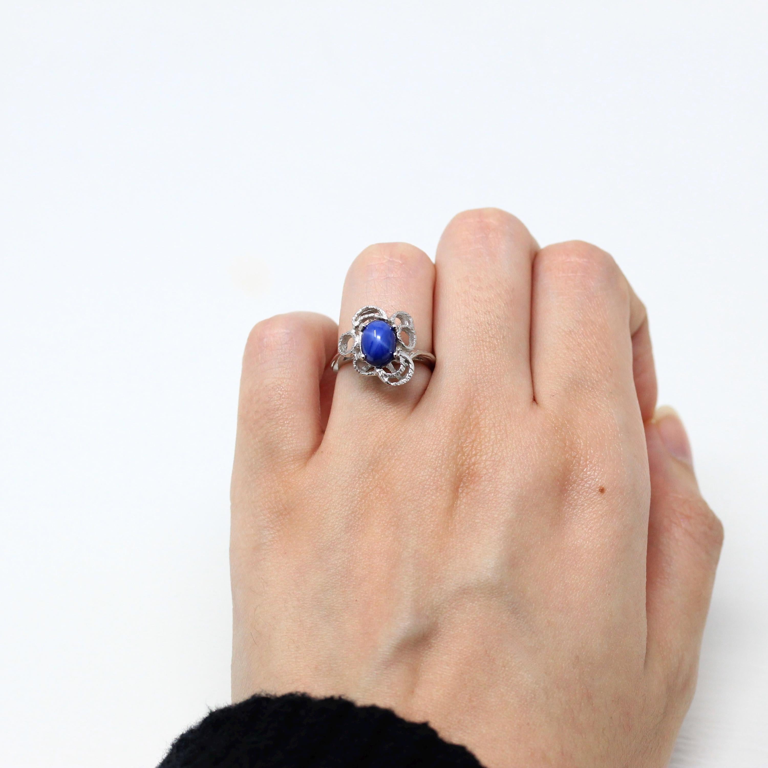 Created Star Sapphire Ring - Retro 14k White Gold Blue 2.01 CT Stone - Vintage Circa 1960s Size 4 3/4 September Birthstone Fine 60s Jewelry