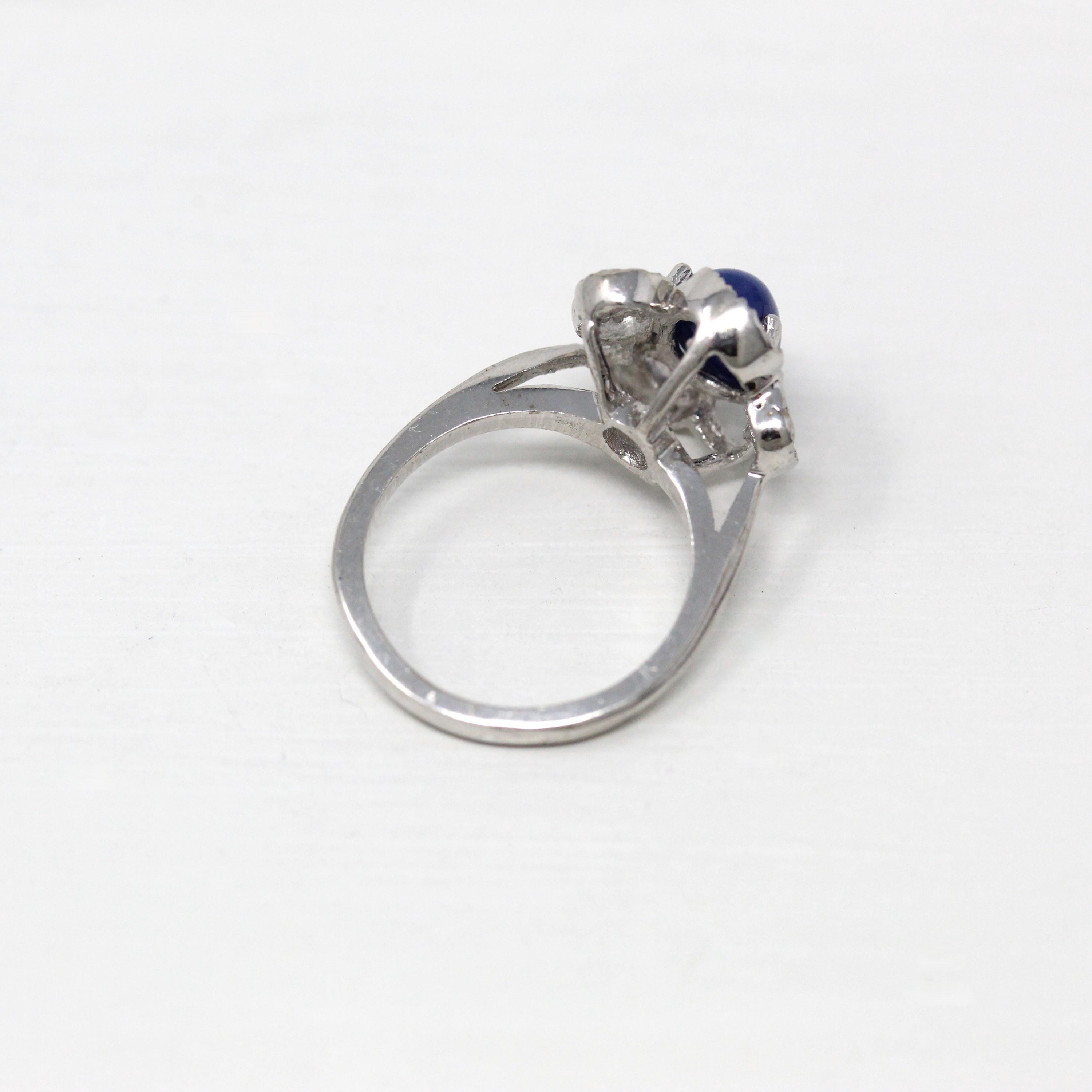 Created Star Sapphire Ring - Retro 14k White Gold Blue 2.01 CT Stone - Vintage Circa 1960s Size 4 3/4 September Birthstone Fine 60s Jewelry