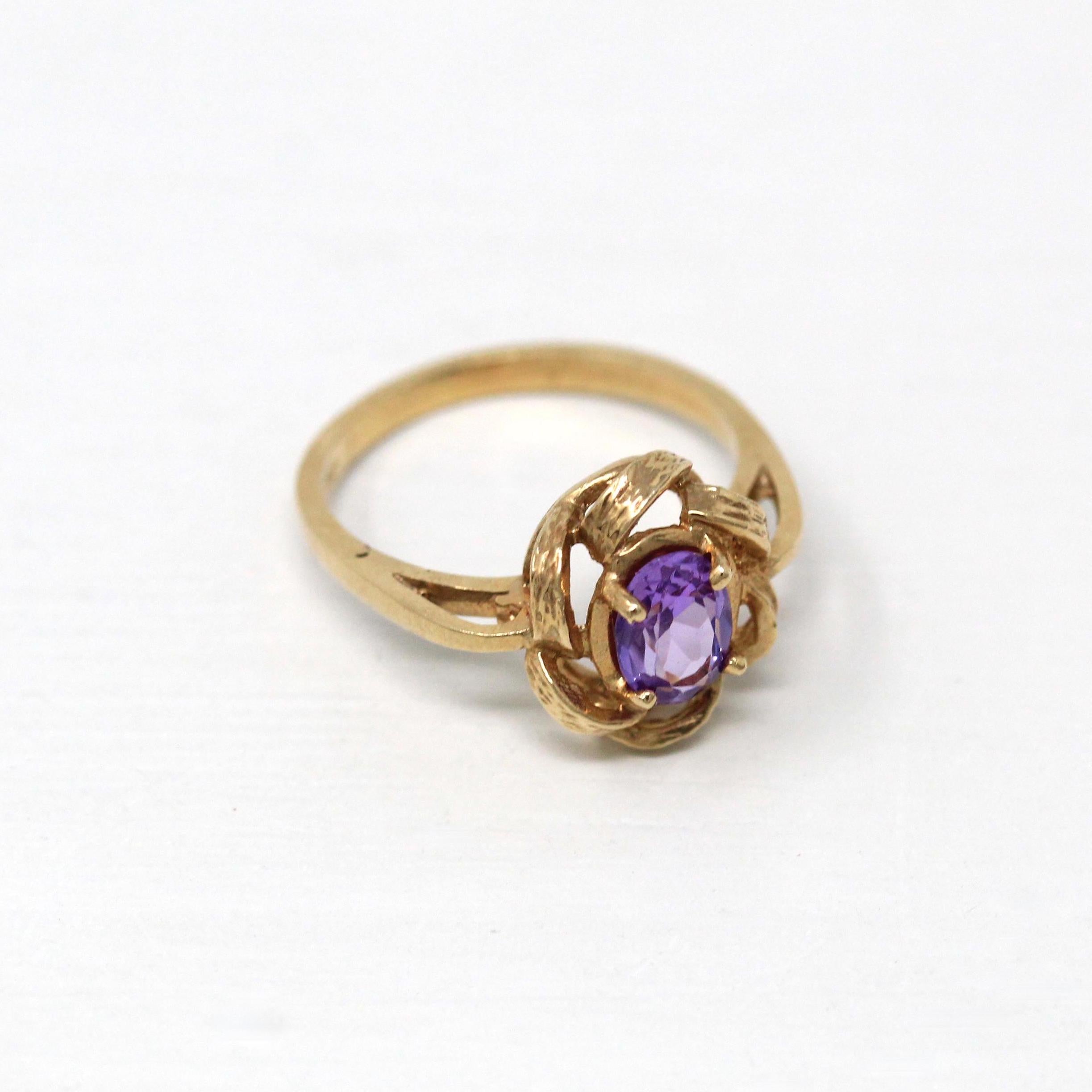 Retro Created Sapphire Ring - Vintage 10k Yellow Gold Purple Oval Gemstone - Circa 1970s Size 6 New Old Stock Twisted Flower Fine Jewelry