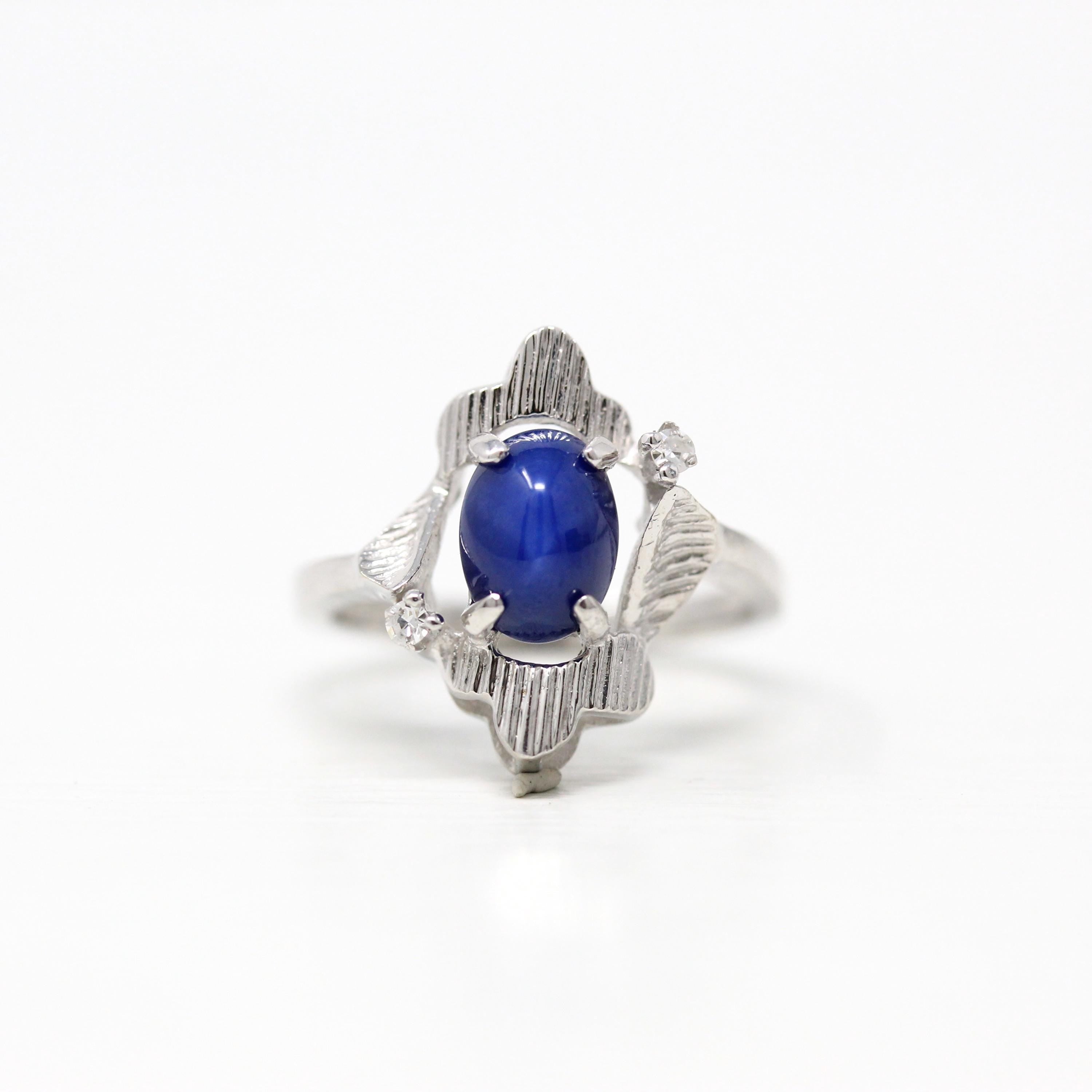 Created Star Sapphire Ring - Retro 14k White Gold Blue 1.55 CT Stone - Vintage Circa 1960s Era Size 5 1/4 September Birthstone Fine Jewelry