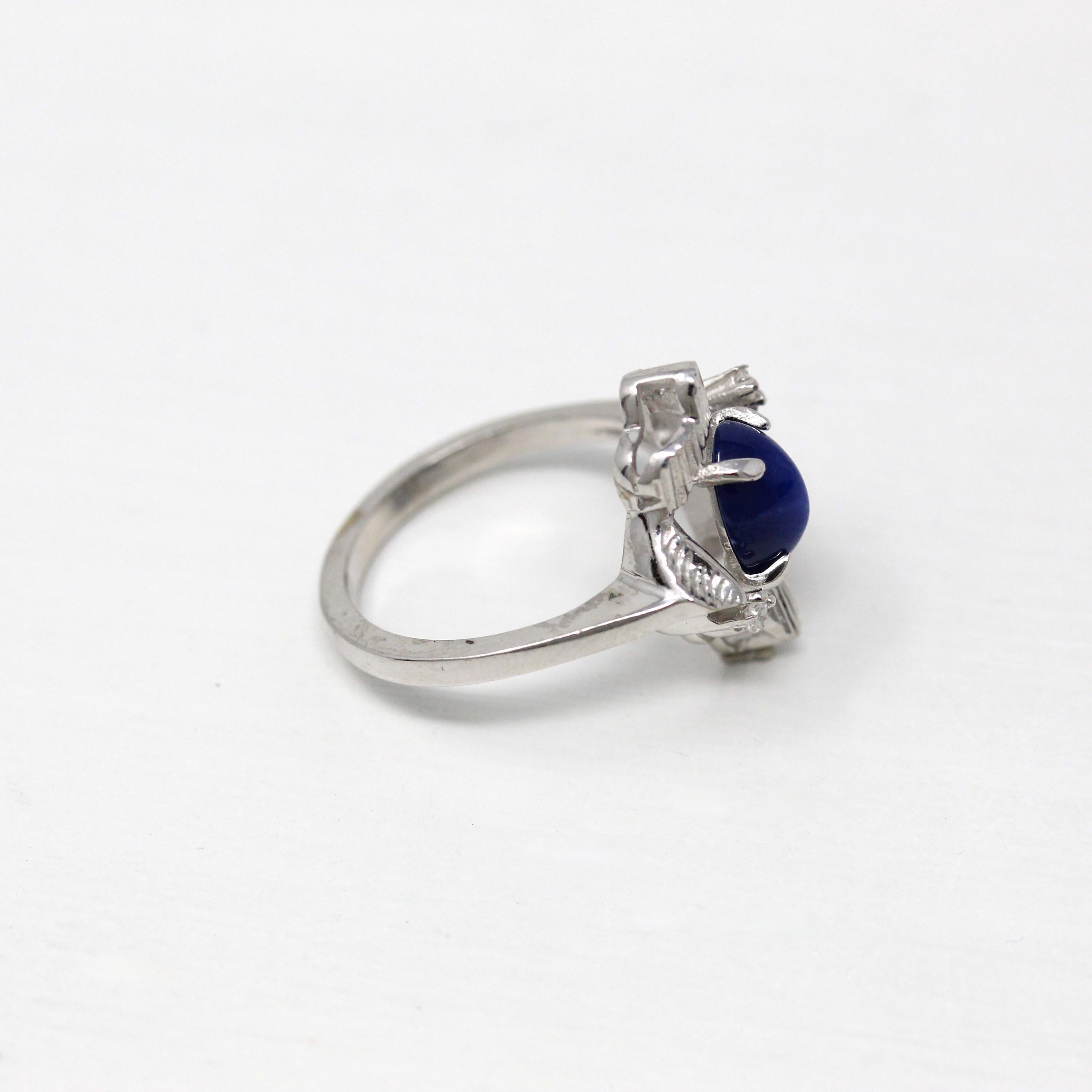 Created Star Sapphire Ring - Retro 14k White Gold Blue 1.55 CT Stone - Vintage Circa 1960s Era Size 5 1/4 September Birthstone Fine Jewelry