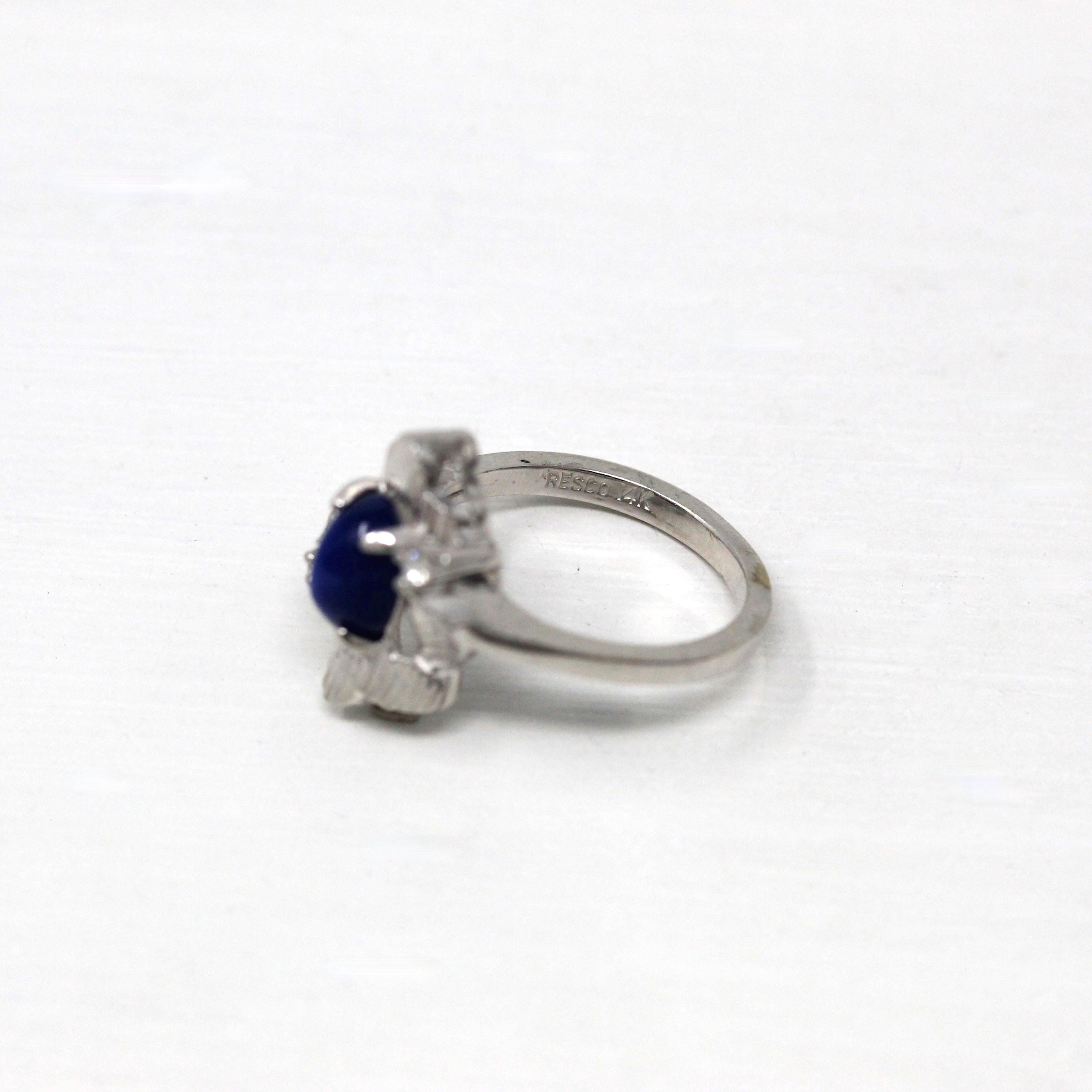 Created Star Sapphire Ring - Retro 14k White Gold Blue 1.55 CT Stone - Vintage Circa 1960s Era Size 5 1/4 September Birthstone Fine Jewelry