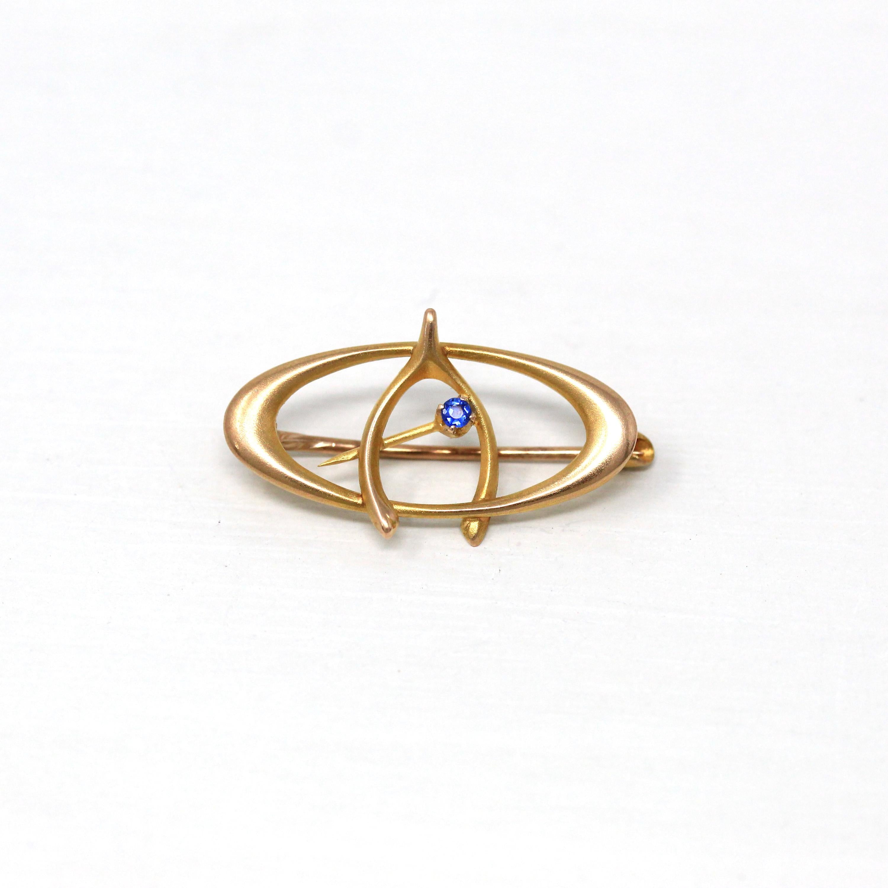 Crescent Moon Brooch - Antique Edwardian Era 10k Yellow Gold Blue Garnet & Glass Doublet Wishbone Pin - Vintage Circa 1910s Fine Jewelry