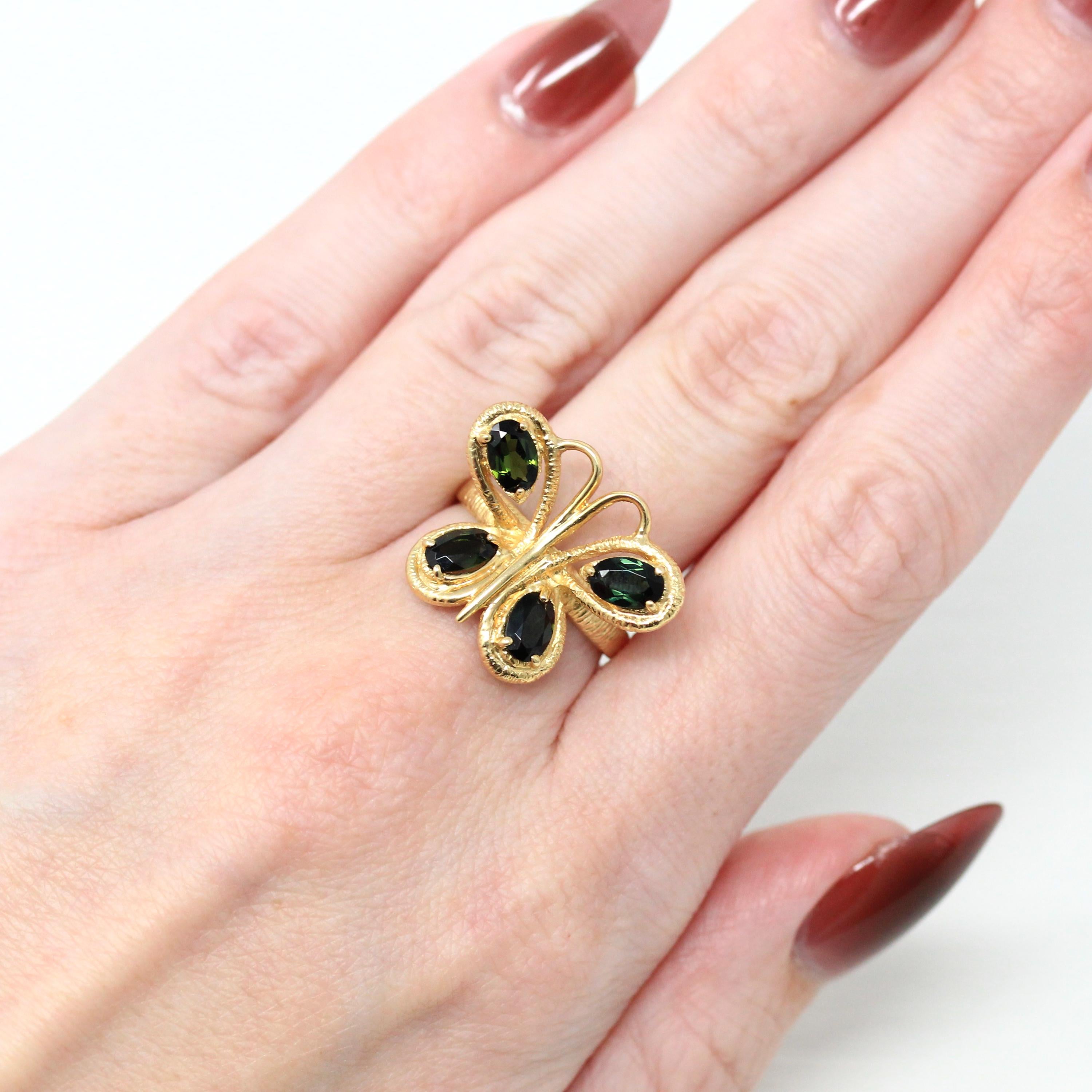 Vintage Butterfly Ring - 14k Yellow Gold Genuine Green Tourmaline Gemstones - Size 6 1/2 Statement Winged Bug New Old Stock 1970s Jewelry