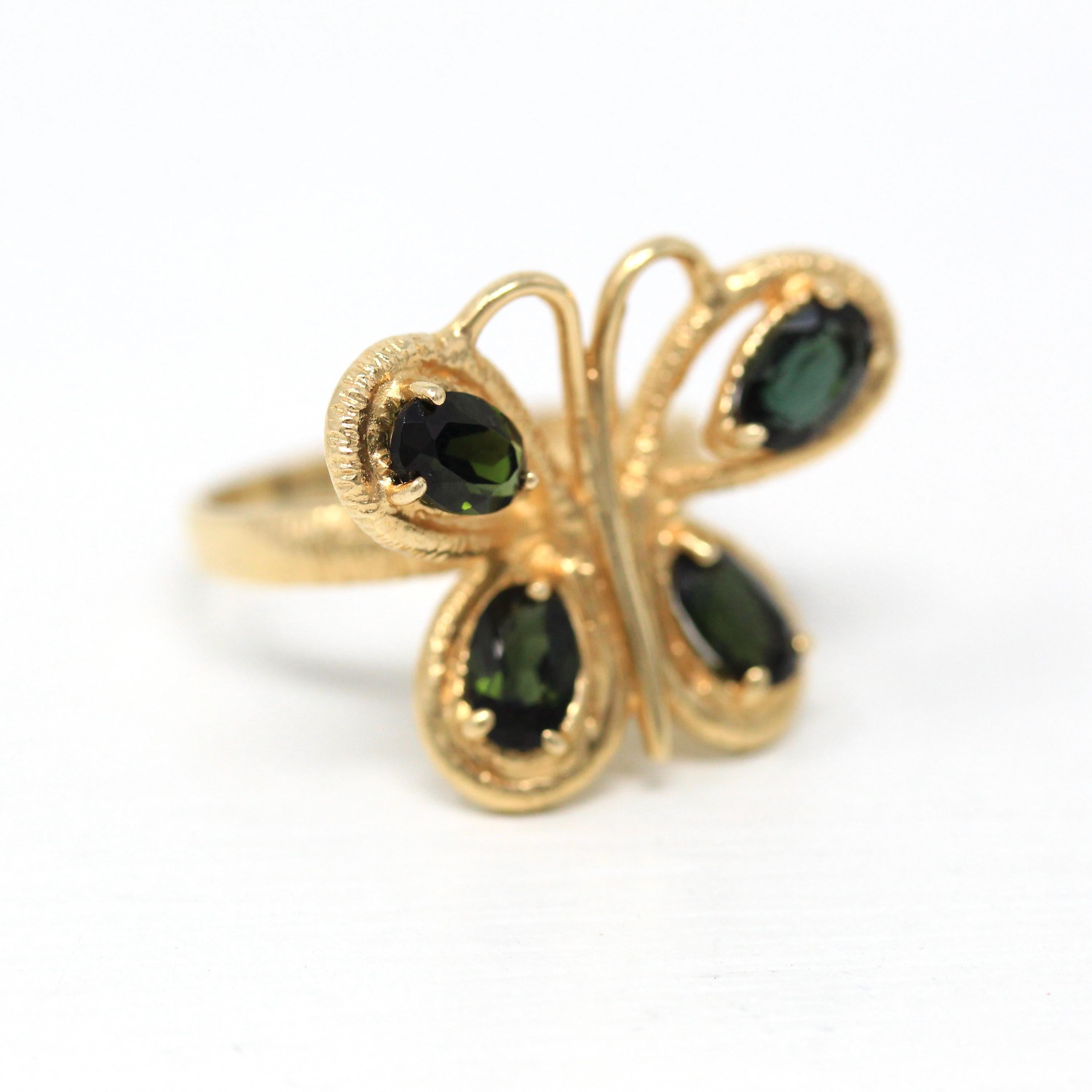 Vintage Butterfly Ring - 14k Yellow Gold Genuine Green Tourmaline Gemstones - Size 6 1/2 Statement Winged Bug New Old Stock 1970s Jewelry