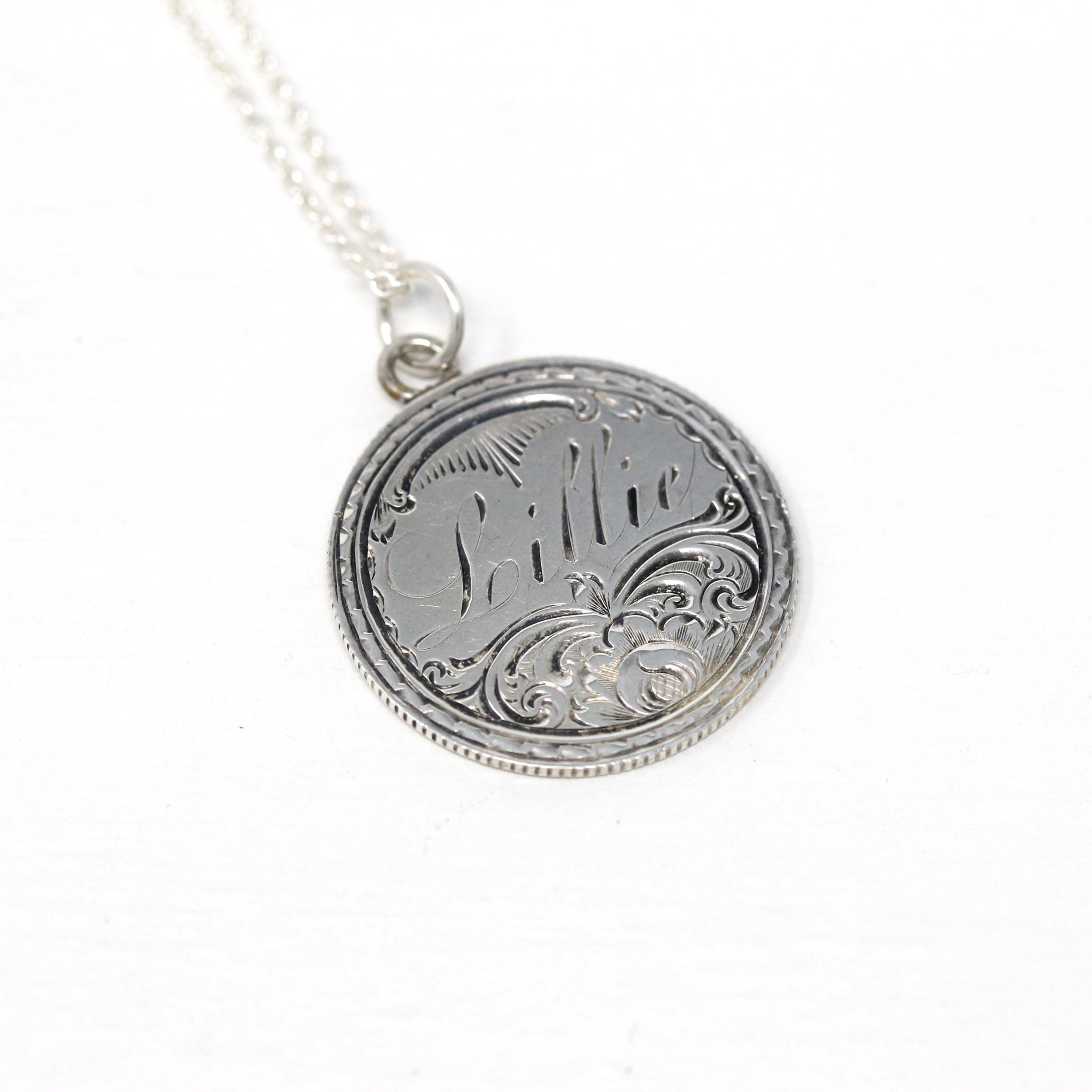 Antique Love Token - Victorian Era .900 Silver Engraved Name Lillie Pendant Necklace - Dated 1876 Liberty Seated Quarter Currency Jewelry