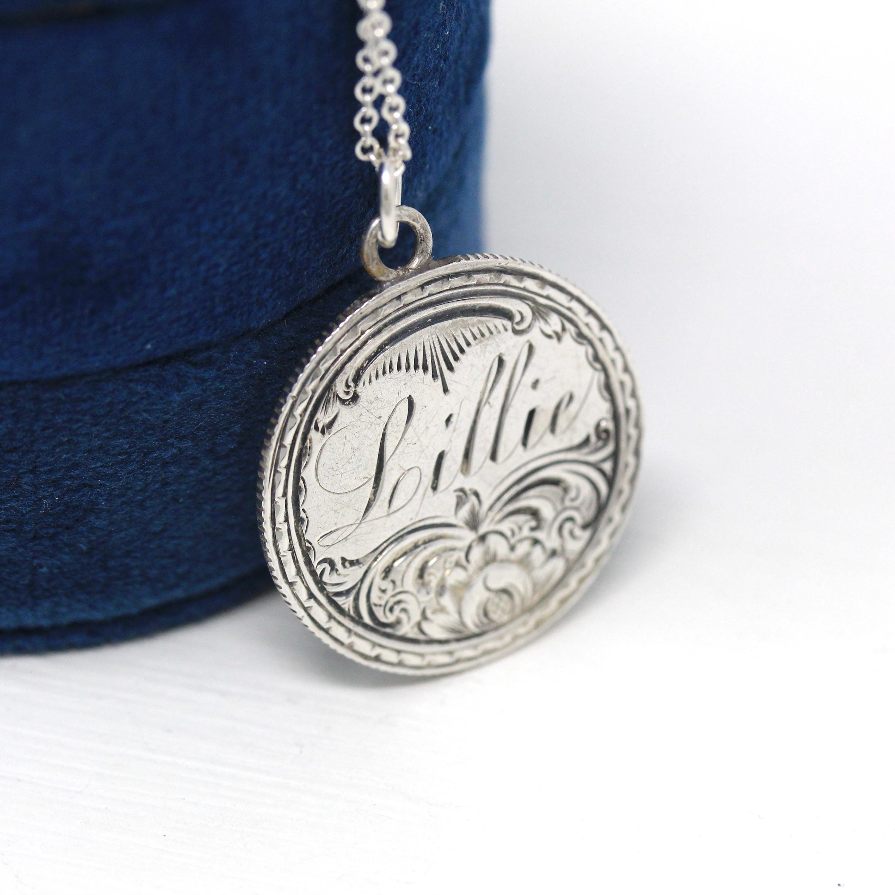 Antique Love Token - Victorian Era .900 Silver Engraved Name Lillie Pendant Necklace - Dated 1876 Liberty Seated Quarter Currency Jewelry