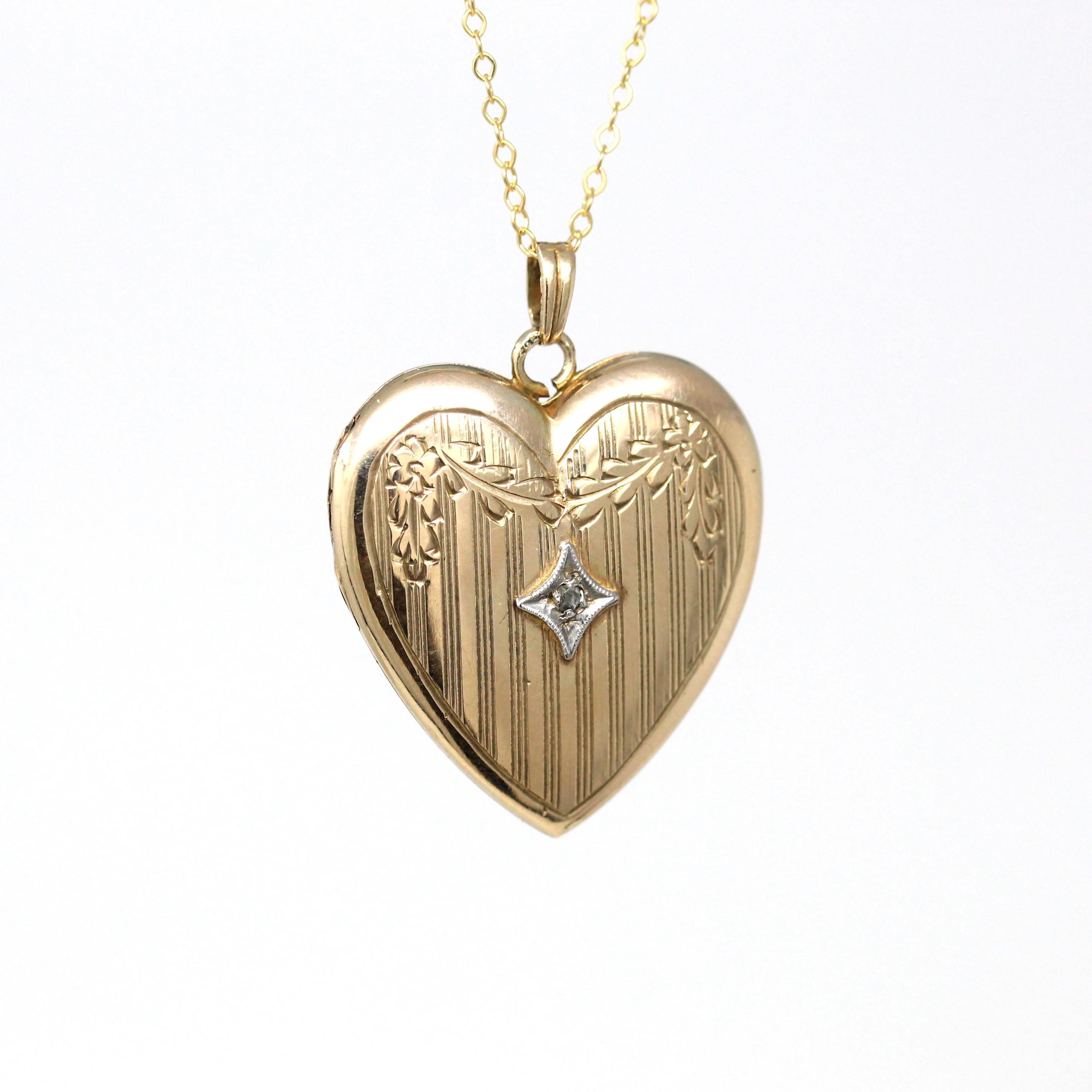 Vintage Heart Locket - Retro 10k Yellow Gold Genuine Diamond Flower Pendant Necklace - Circa 1940s Era Fine Keepsake Photograph 40s Jewelry