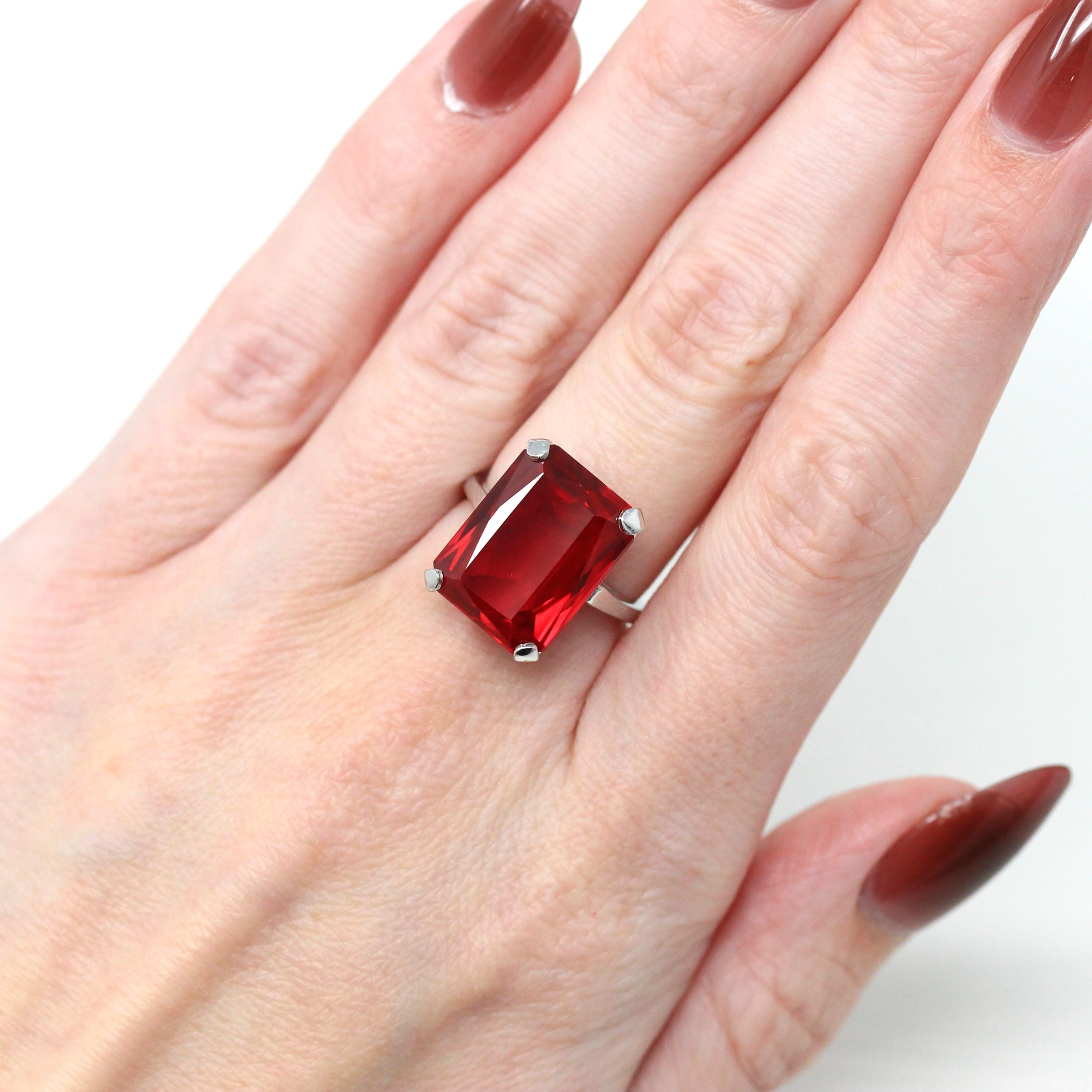 Created Ruby Ring - Retro 10k White Gold Rectangular Faceted 12.22 CT Red Stone - Vintage Circa 1960s Era Size 5 3/4 New Old Stock Jewelry