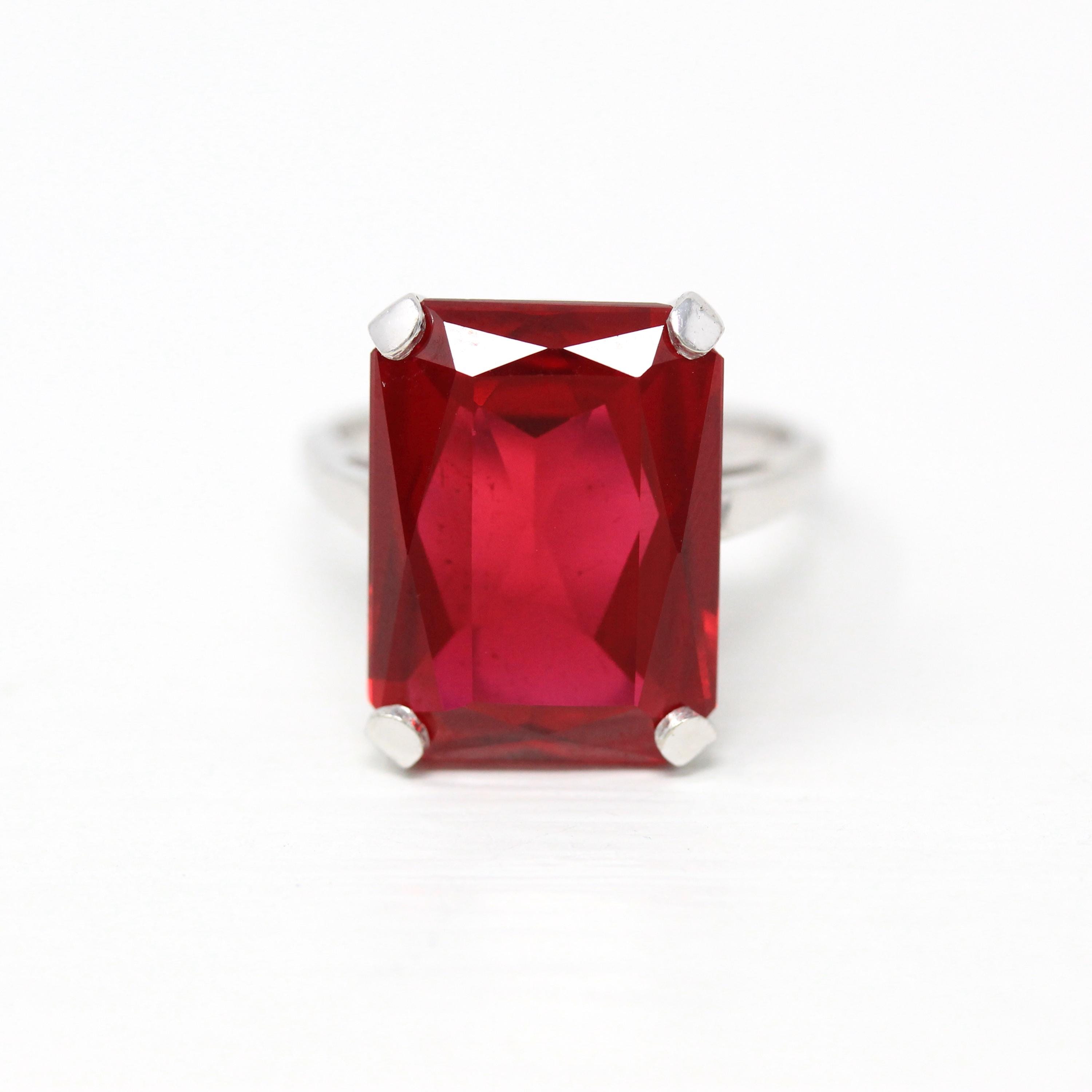 Created Ruby Ring - Retro 10k White Gold Rectangular Faceted 12.22 CT Red Stone - Vintage Circa 1960s Era Size 5 3/4 New Old Stock Jewelry