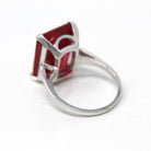 Created Ruby Ring - Retro 10k White Gold Rectangular Faceted 12.22 CT Red Stone - Vintage Circa 1960s Era Size 5 3/4 New Old Stock Jewelry