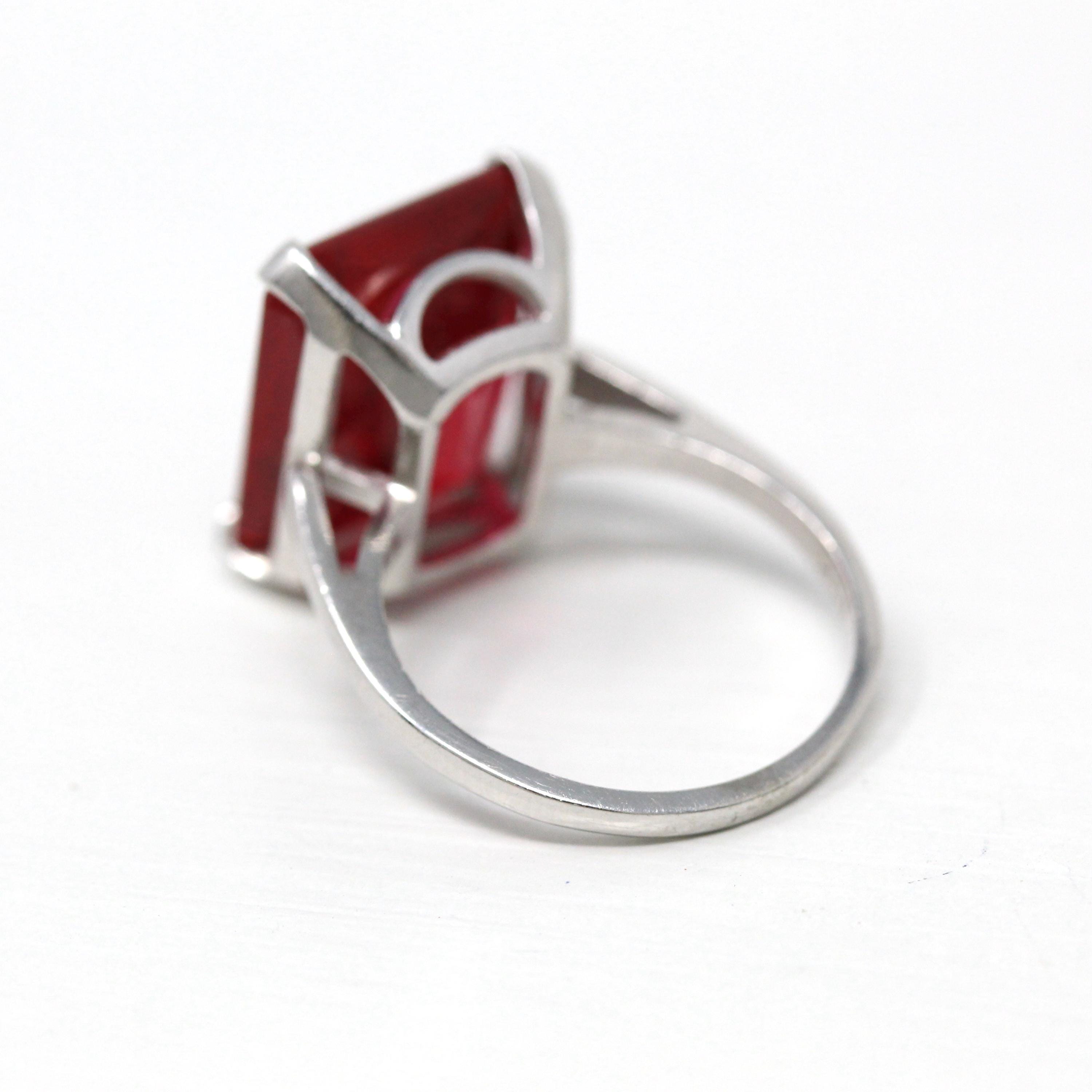 Created Ruby Ring - Retro 10k White Gold Rectangular Faceted 12.22 CT Red Stone - Vintage Circa 1960s Era Size 5 3/4 New Old Stock Jewelry