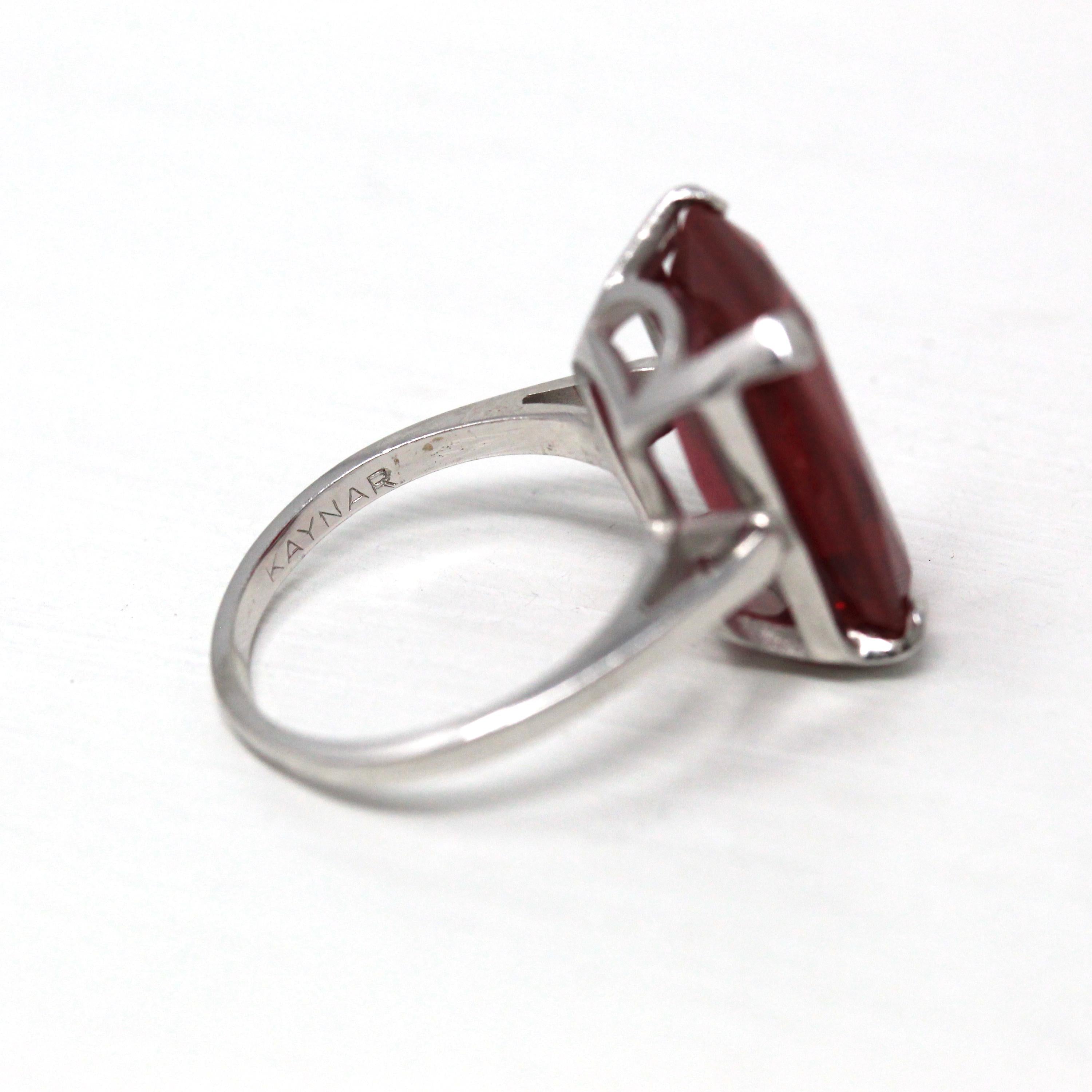 Created Ruby Ring - Retro 10k White Gold Rectangular Faceted 12.22 CT Red Stone - Vintage Circa 1960s Era Size 5 3/4 New Old Stock Jewelry