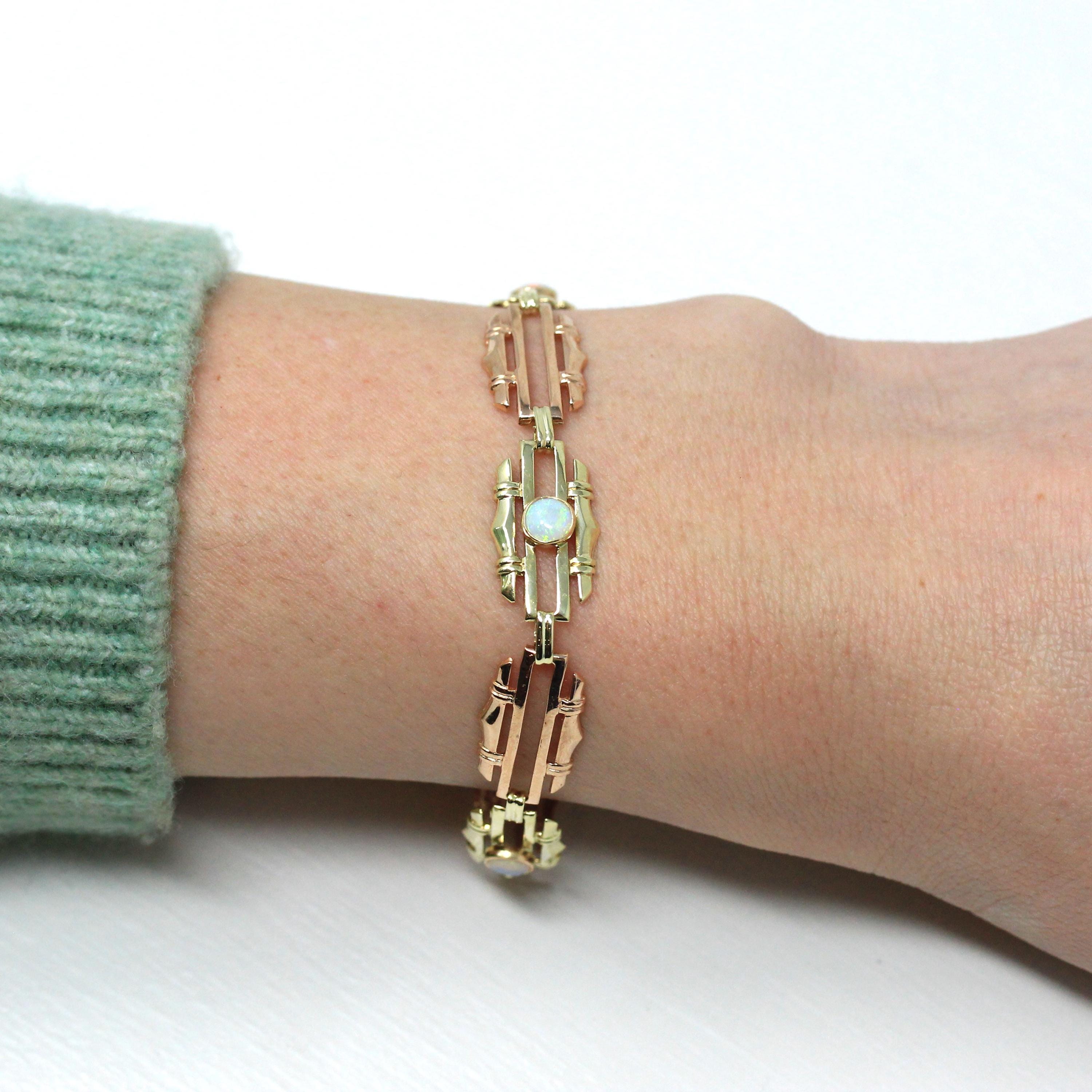 Genuine Opal Bracelet - Retro 14k Yellow & Rose Gold Cabochon Gemstones - Vintage Circa 1940s Era Two Tone October Birthstone Fine Jewelry