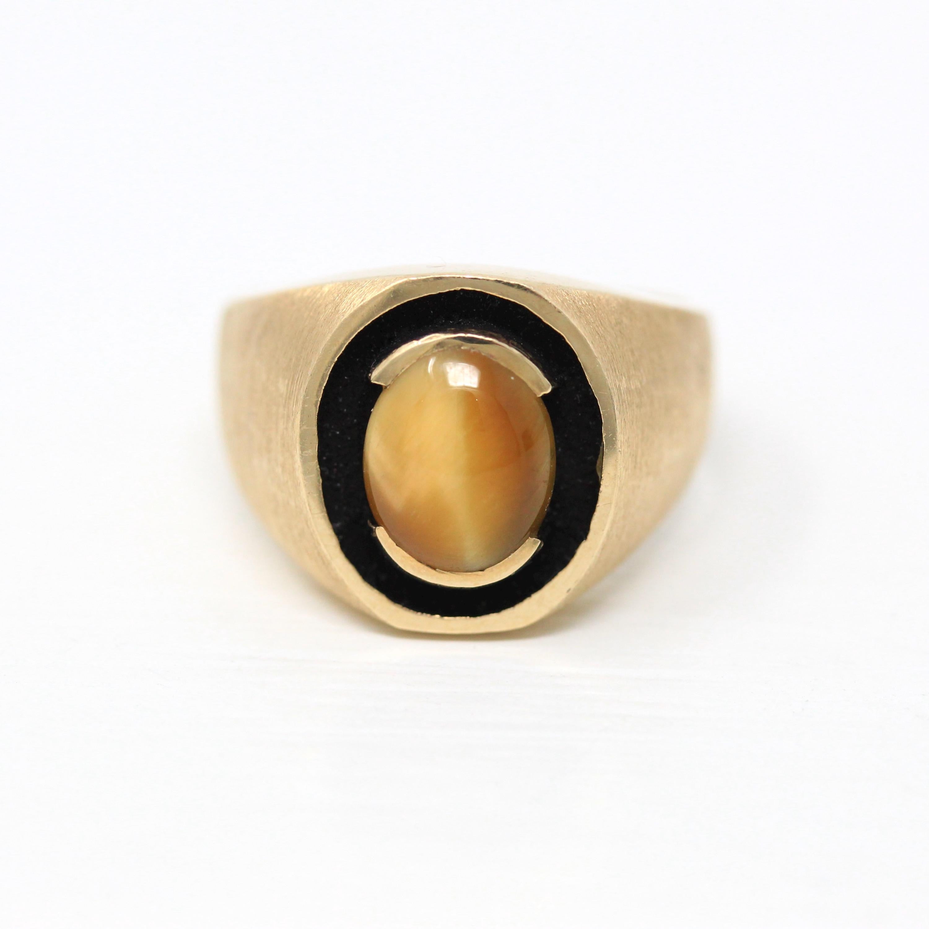 Tiger's Eye Ring - Retro 10k Yellow Gold Genuine Brown Gemstone Oval Cabochon - Vintage 1970s Era Size 9 Statement Men's Jewelry