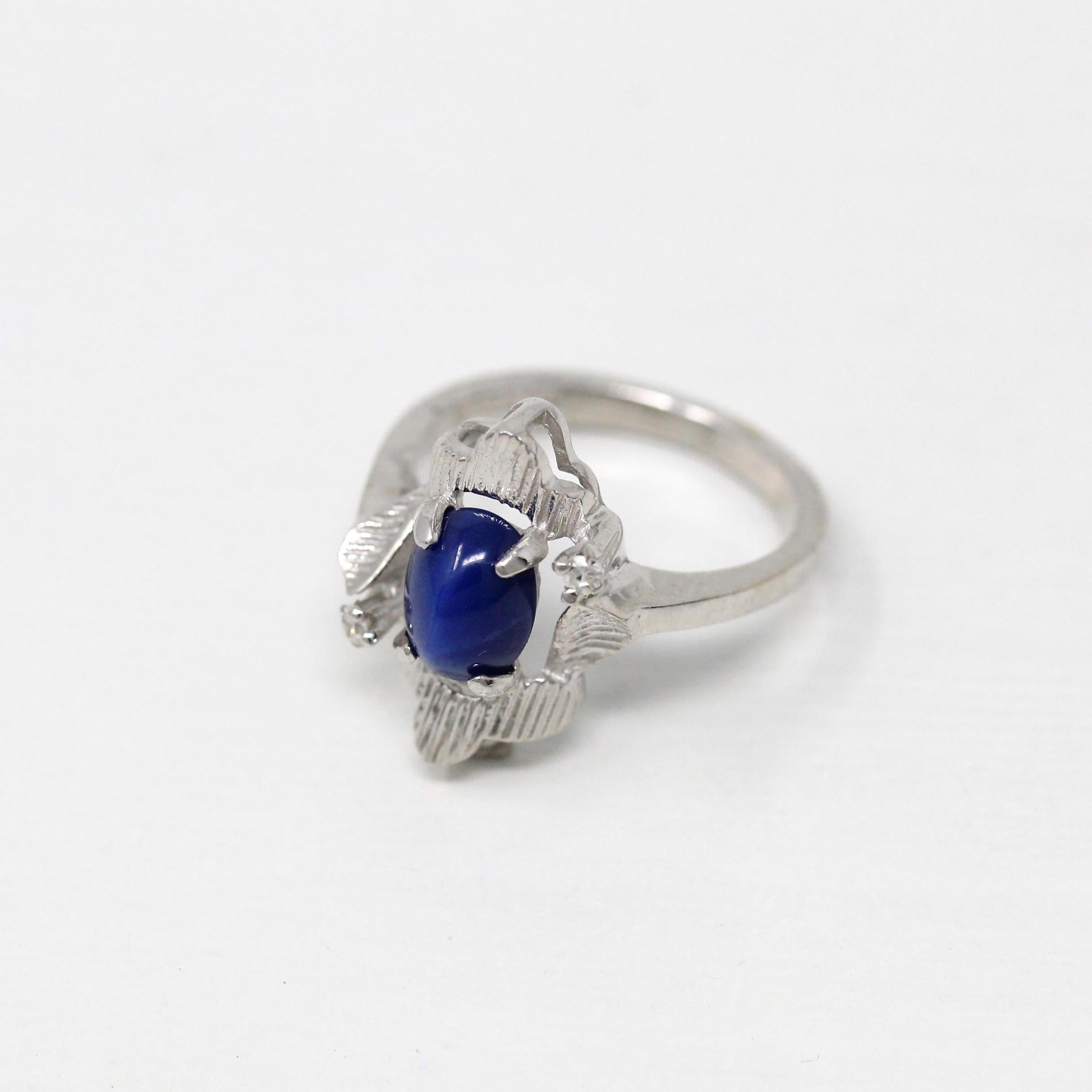 Created Star Sapphire Ring - Retro 14k White Gold Blue 1.55 CT Stone - Vintage Circa 1960s Era Size 5 1/4 September Birthstone Fine Jewelry