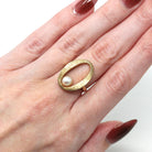 Cultured Pearl Ring - Retro 10k Yellow Gold Oval Circle Brushed Finish - Vintage Circa 1960s Era Size 5 3/4 New Old Stock Statement Jewelry