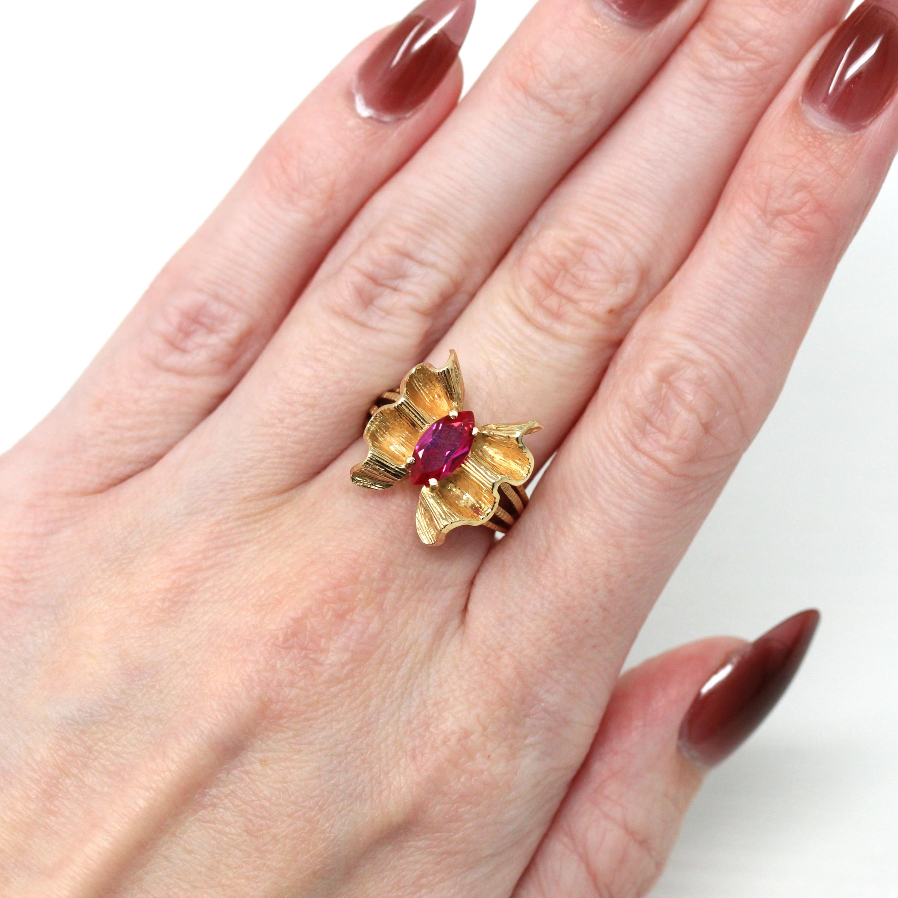 Seated Ruby Ring - Retro 10k Yellow Gold Marquise Cut Red Stone Bow Textured Design - Vintage Circa 1960s Era Size 6 New Old Stock Jewelry