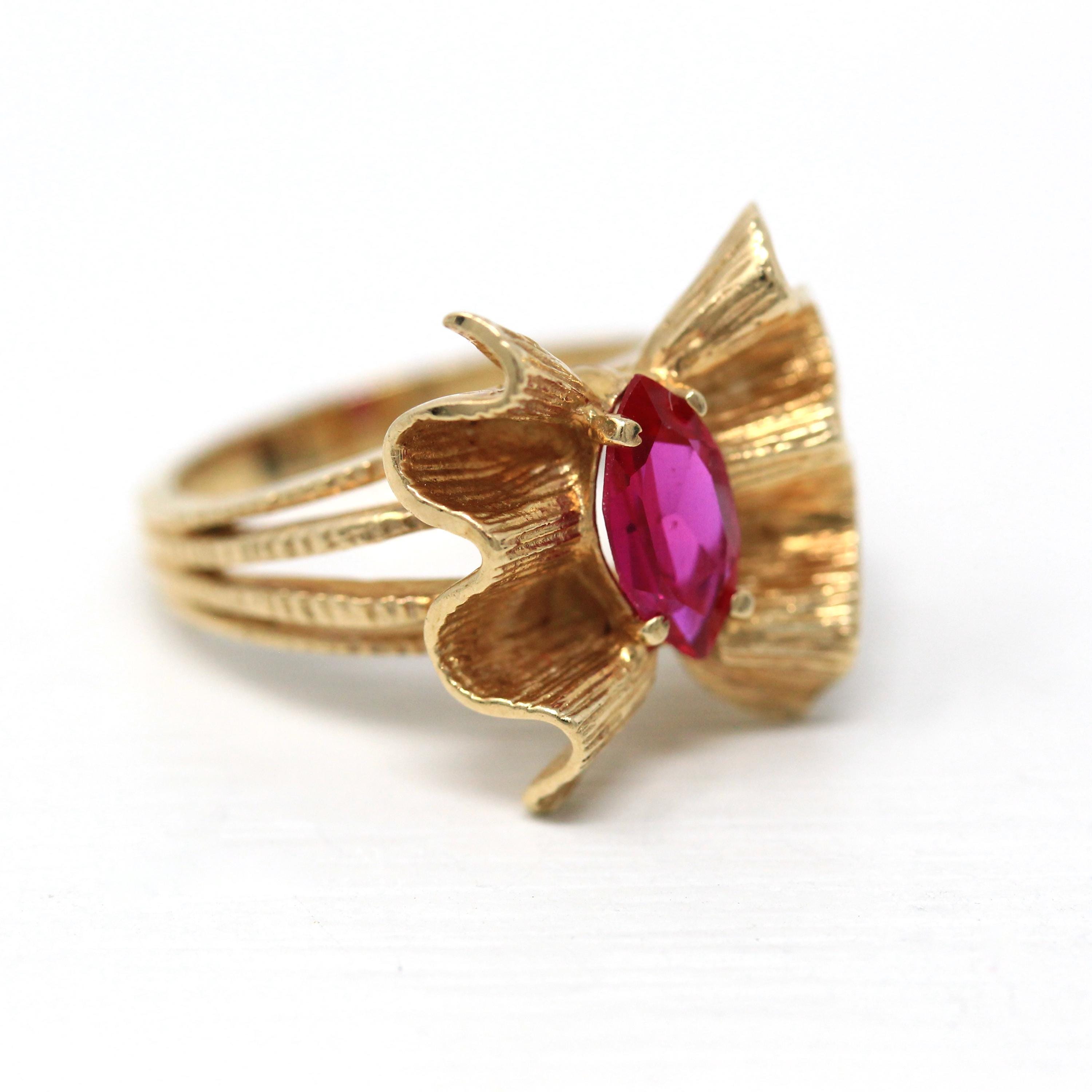 Seated Ruby Ring - Retro 10k Yellow Gold Marquise Cut Red Stone Bow Textured Design - Vintage Circa 1960s Era Size 6 New Old Stock Jewelry