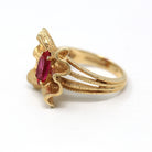 Seated Ruby Ring - Retro 10k Yellow Gold Marquise Cut Red Stone Bow Textured Design - Vintage Circa 1960s Era Size 6 New Old Stock Jewelry