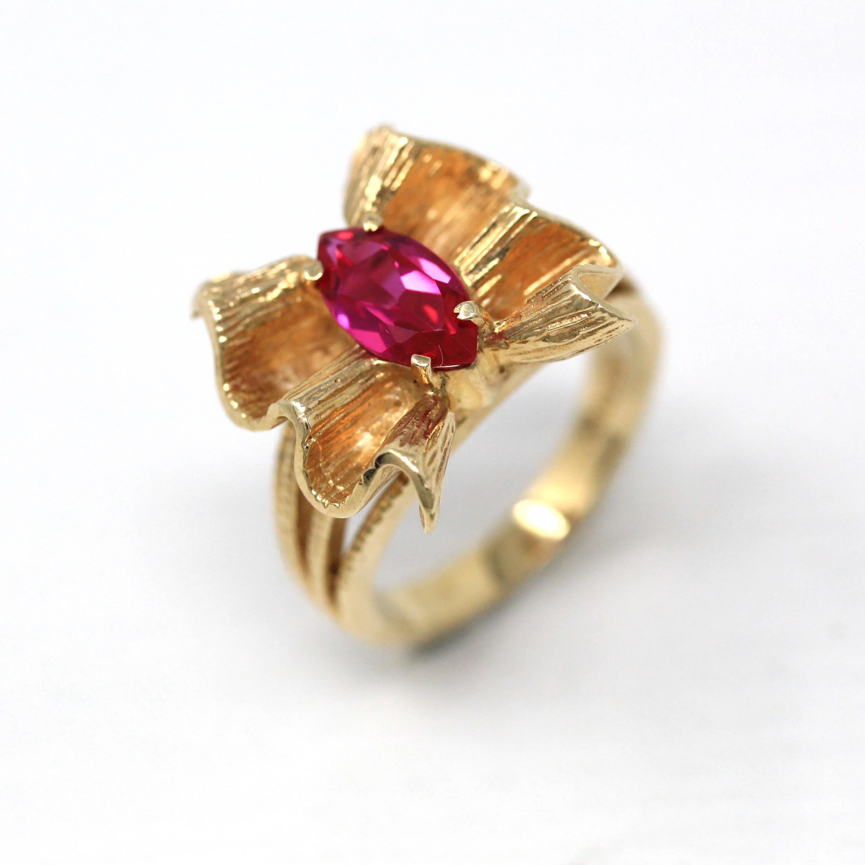 Seated Ruby Ring - Retro 10k Yellow Gold Marquise Cut Red Stone Bow Textured Design - Vintage Circa 1960s Era Size 6 New Old Stock Jewelry