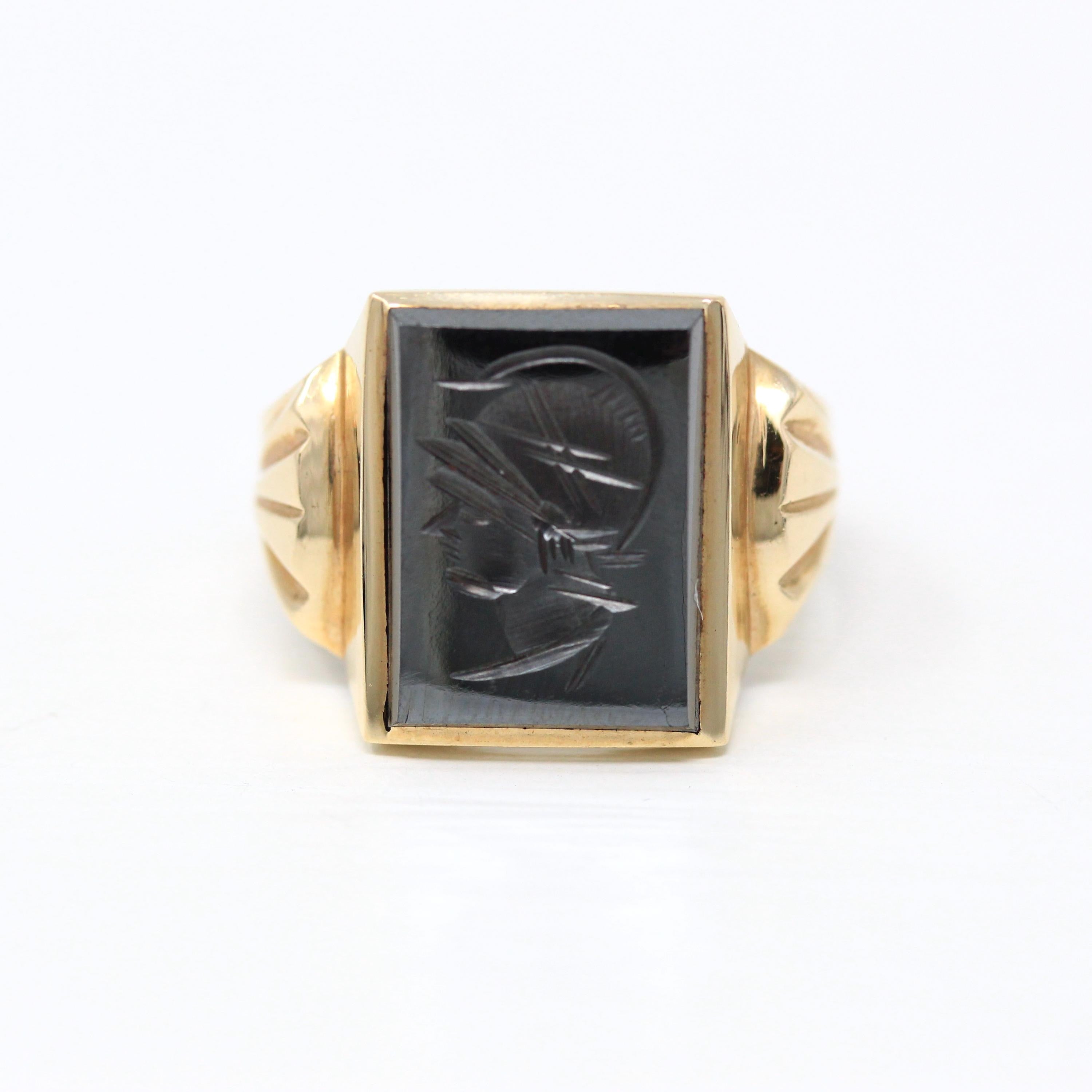 Vintage Hematite Ring - Retro 10k Yellow Gold Intaglio Carved Gray Roman Gem Warrior - Circa 1960s Era Size 10 Men's Statement Jewelry