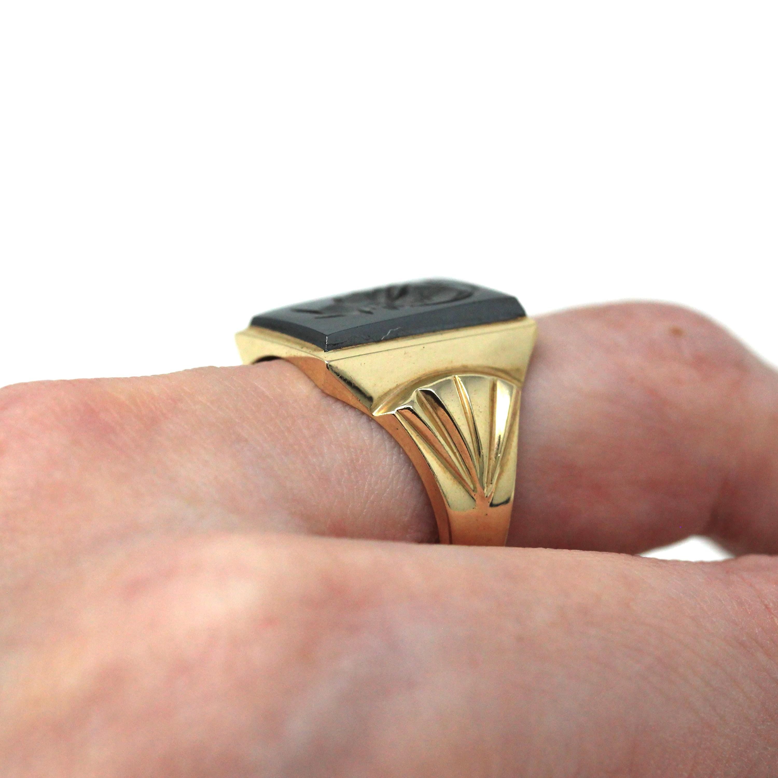 Vintage Hematite Ring - Retro 10k Yellow Gold Intaglio Carved Gray Roman Gem Warrior - Circa 1960s Era Size 10 Men's Statement Jewelry