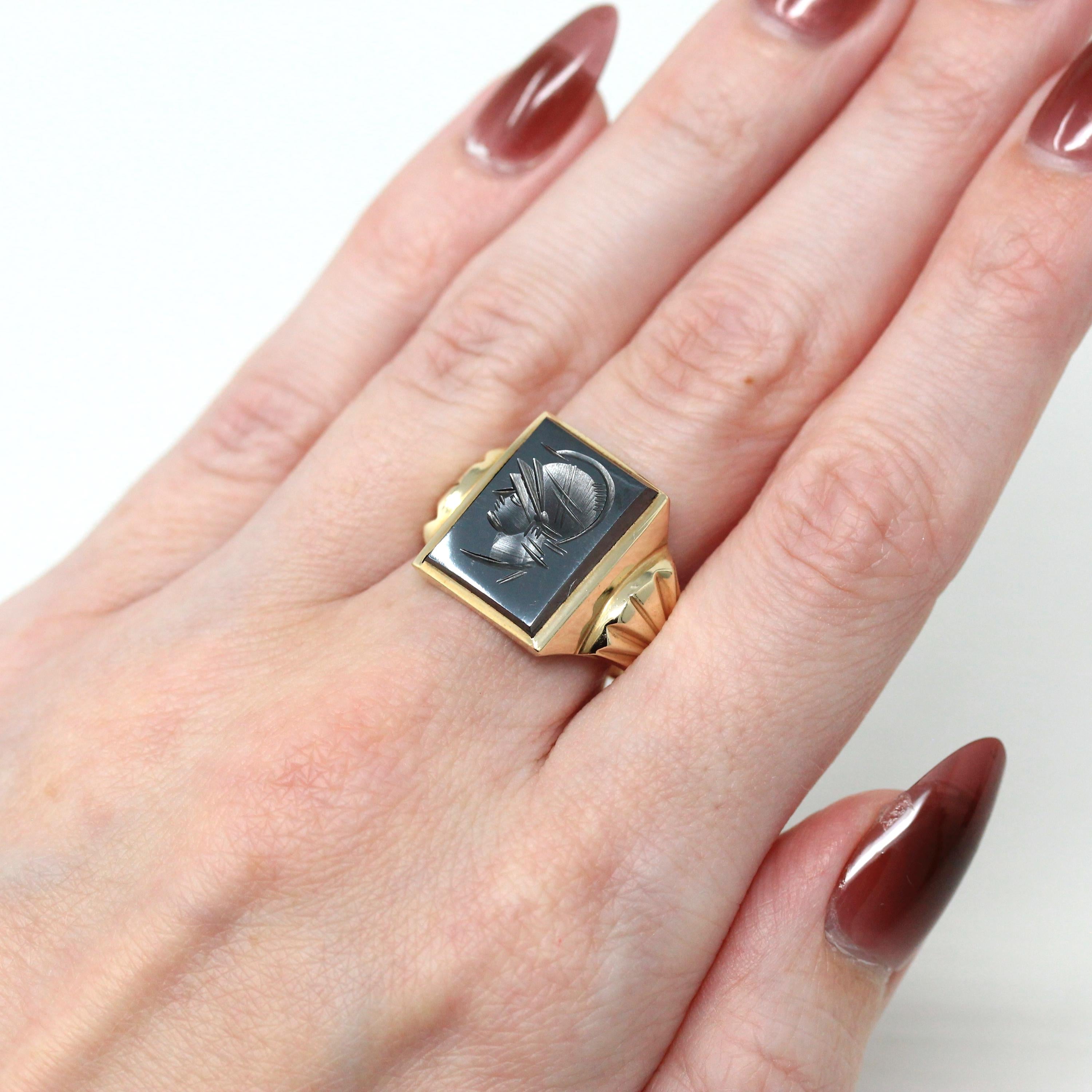 Vintage Hematite Ring - Retro 10k Yellow Gold Intaglio Carved Gray Roman Gem Warrior - Circa 1960s Era Size 10 Men's Statement Jewelry