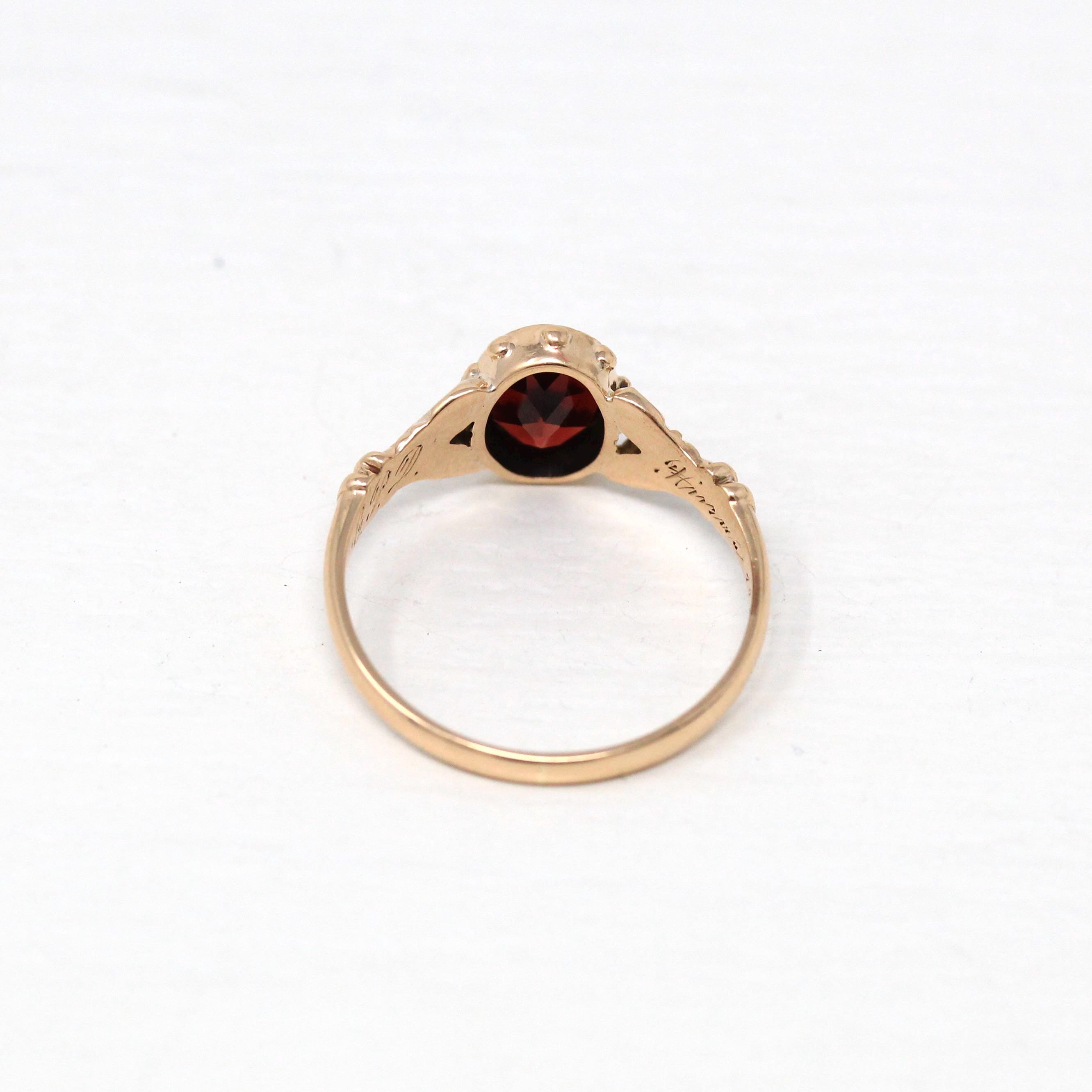 Edwardian Solitaire Ring - Antique 10k Rosy Yellow Gold Genuine Garnet Band - Vintage Dated 1907 Size 7.5 Oval Red Stone Fine Jewelry