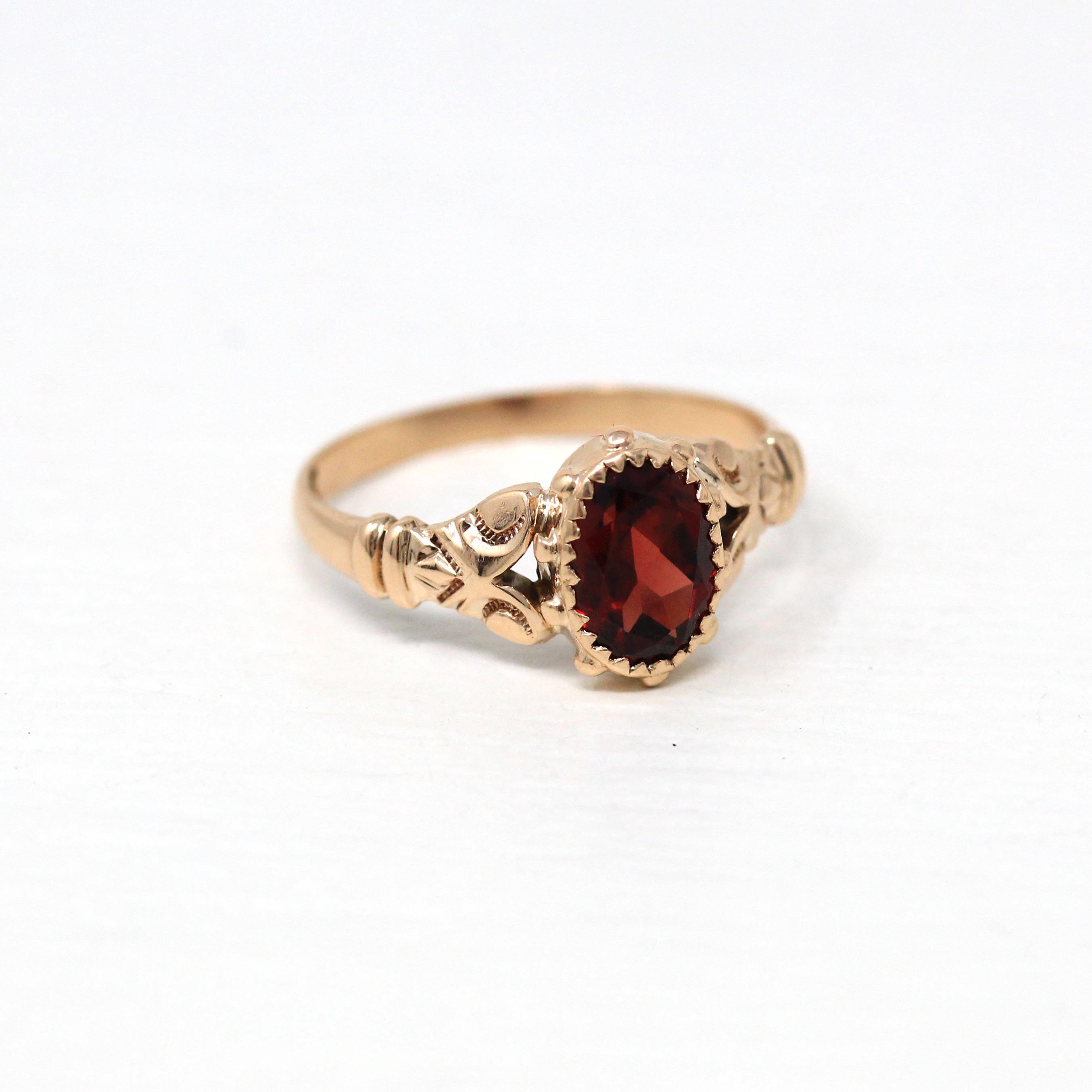 Edwardian Solitaire Ring - Antique 10k Rosy Yellow Gold Genuine Garnet Band - Vintage Dated 1907 Size 7.5 Oval Red Stone Fine Jewelry