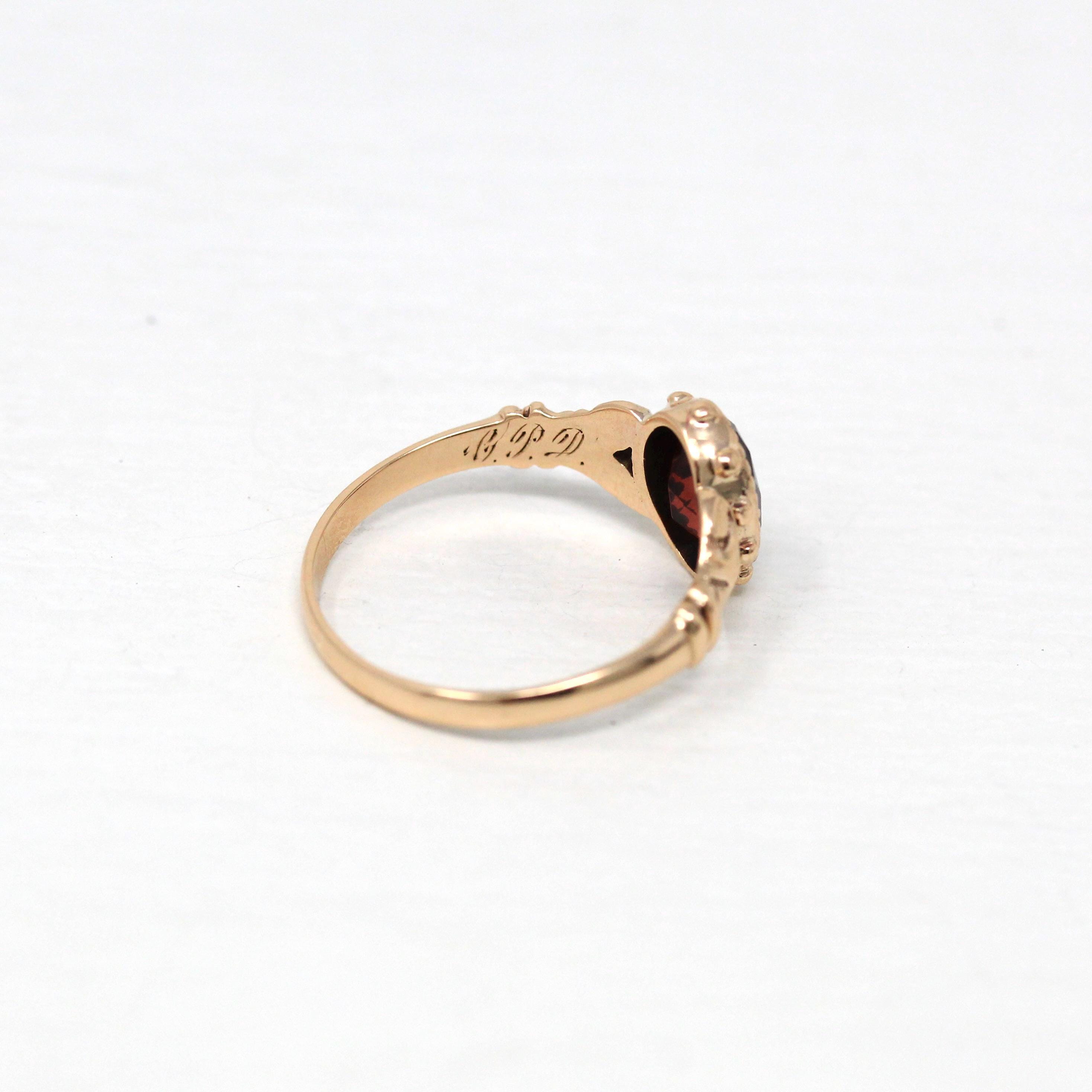 Edwardian Solitaire Ring - Antique 10k Rosy Yellow Gold Genuine Garnet Band - Vintage Dated 1907 Size 7.5 Oval Red Stone Fine Jewelry