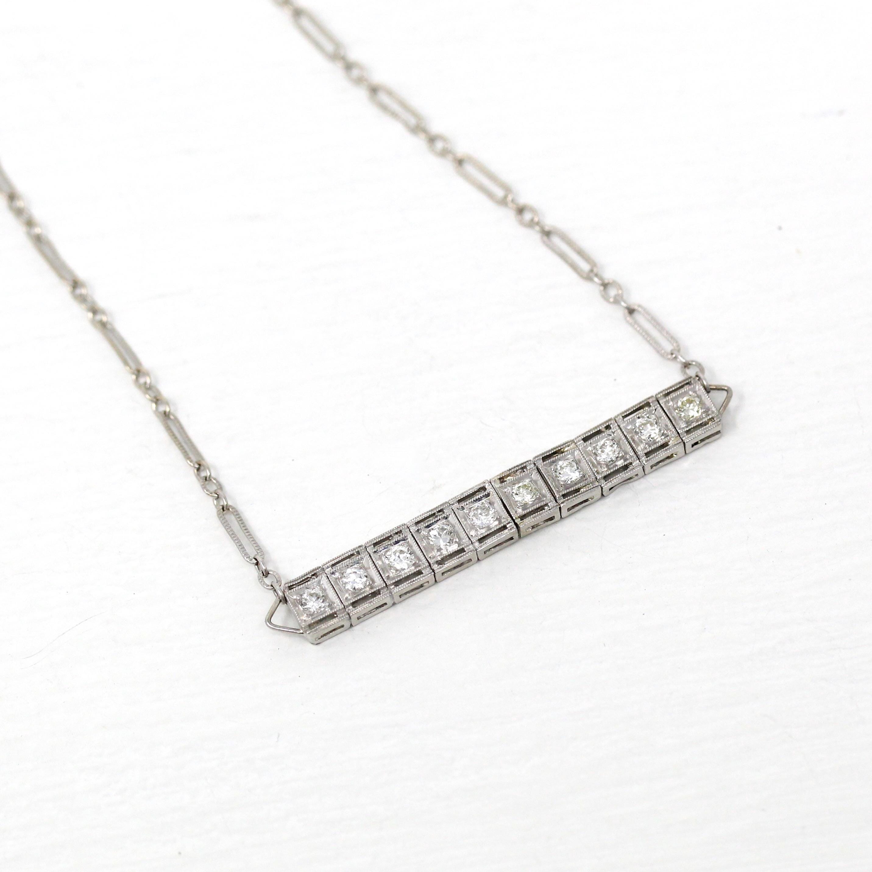 Antique Diamond Necklace - Art Deco Platinum 10 Stone Genuine .30 CTW Bar Pendant - Vintage 1920s Era Fine Horizontal Paperclip Jewelry