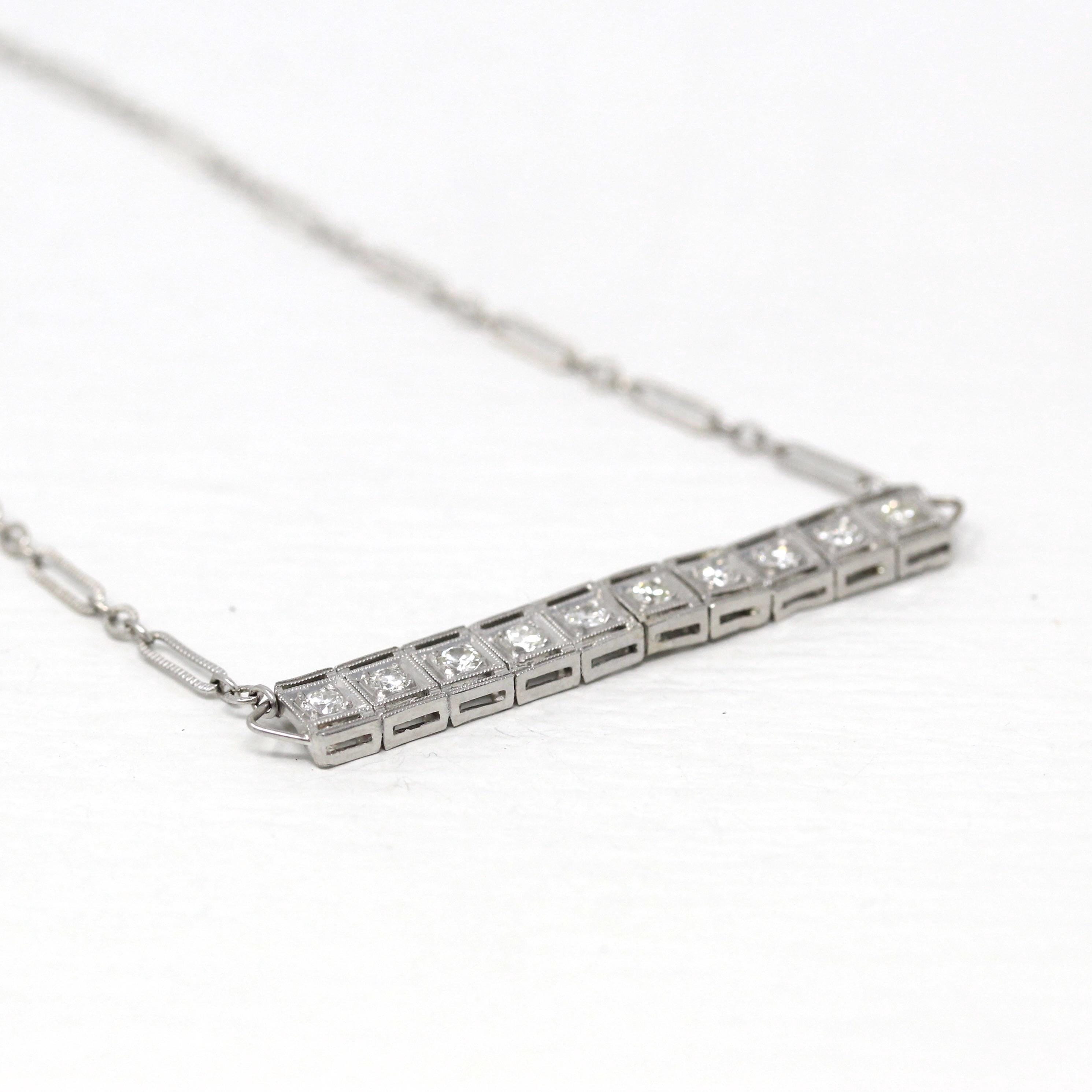 Antique Diamond Necklace - Art Deco Platinum 10 Stone Genuine .30 CTW Bar Pendant - Vintage 1920s Era Fine Horizontal Paperclip Jewelry