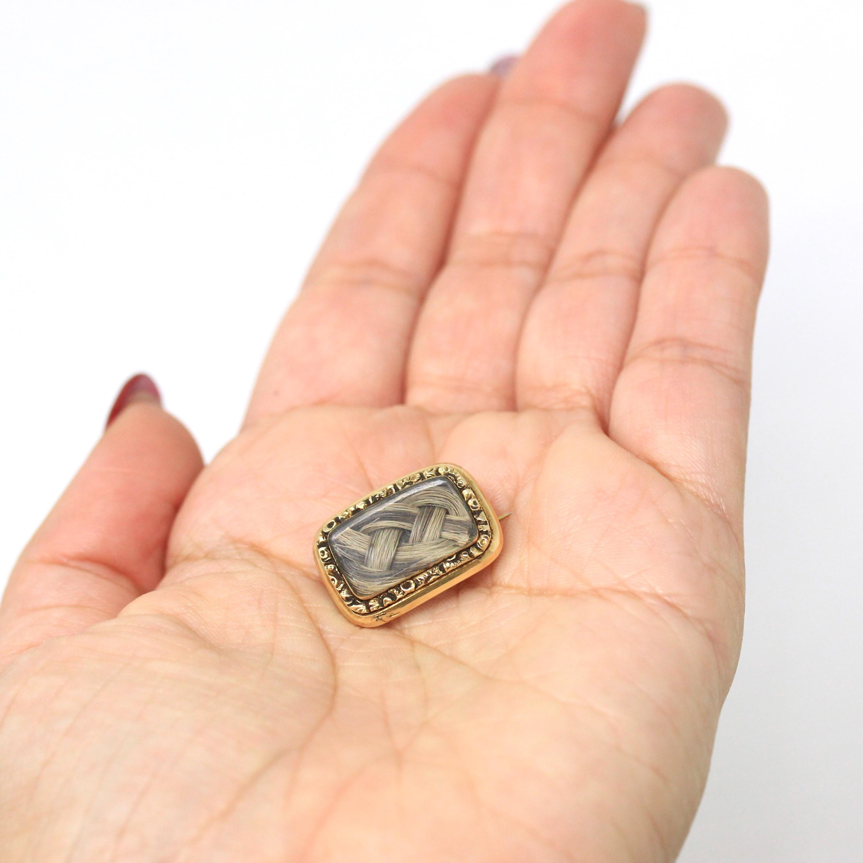 Antique Hair Brooch - Victorian 14k Yellow Gold Blonde Brown Woven Braided Hair Pin - Vintage Circa 1890s Era Fashion Accessory Fine Jewelry