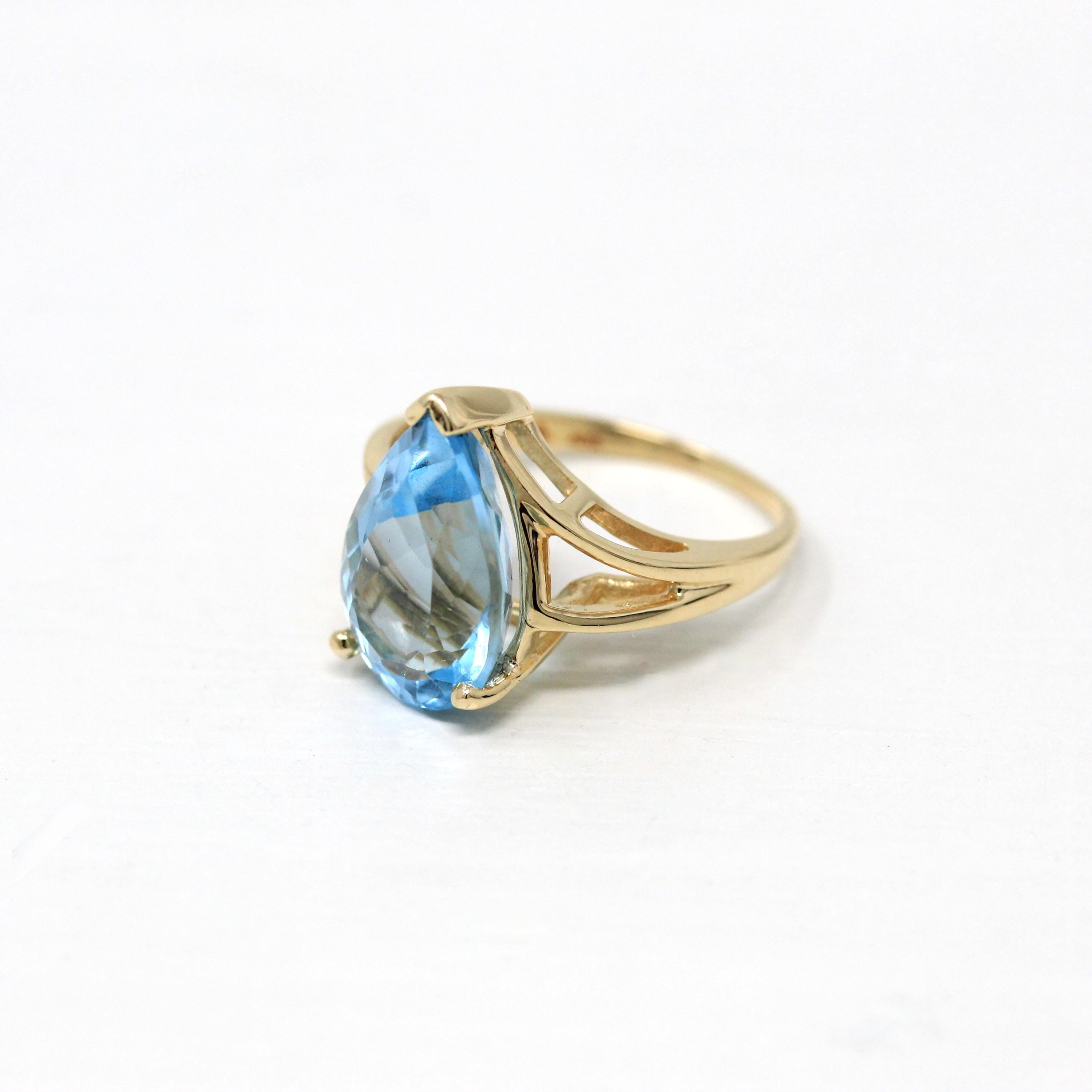 Blue Topaz Ring - Estate 10k Yellow Gold Genuine Blue Statement - Vintage Size 5 1/4 Large Pear Cut 6.99 Ct Gem Modern 1990s Fine Jewelry