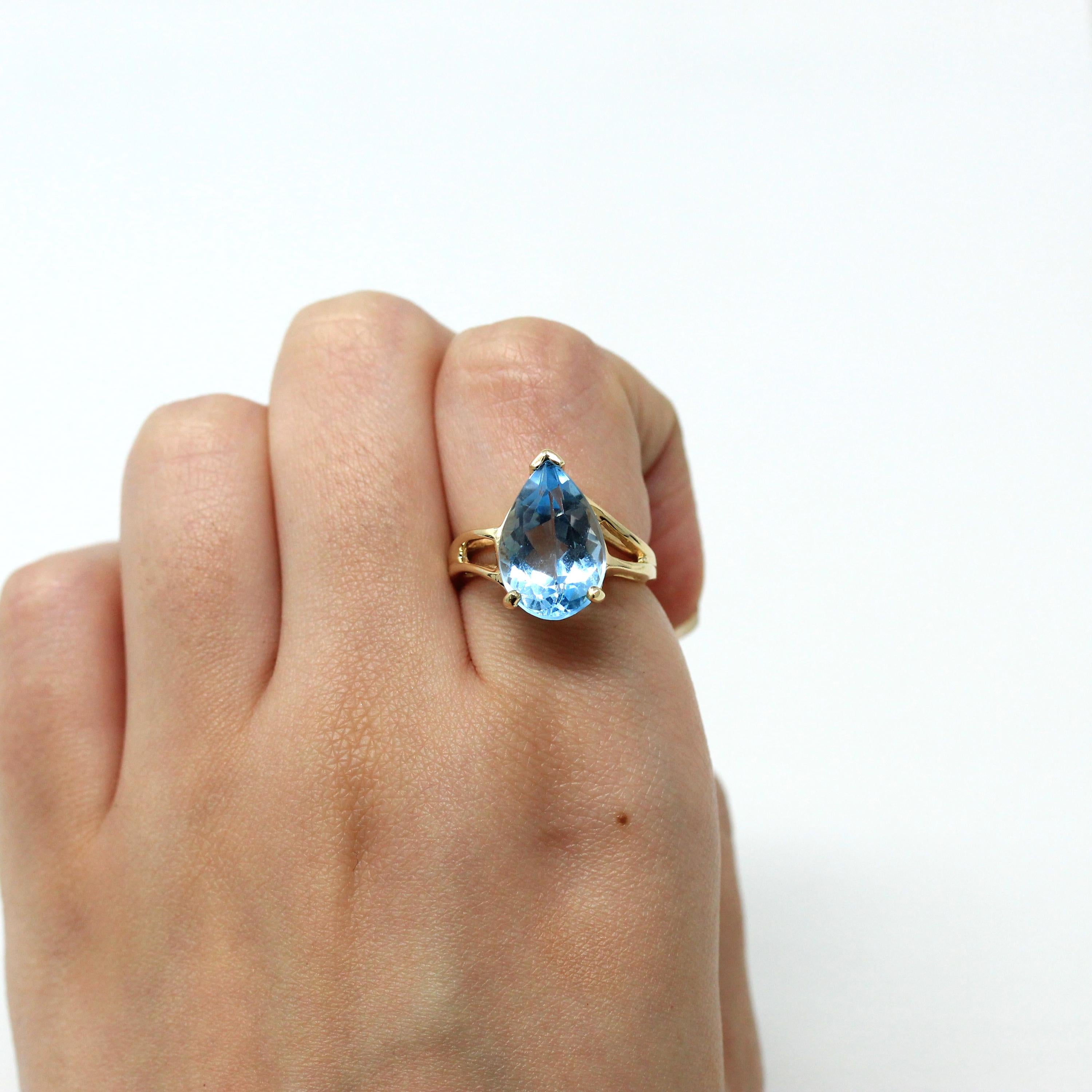 Blue Topaz Ring - Estate 10k Yellow Gold Genuine Blue Statement - Vintage Size 5 1/4 Large Pear Cut 6.99 Ct Gem Modern 1990s Fine Jewelry